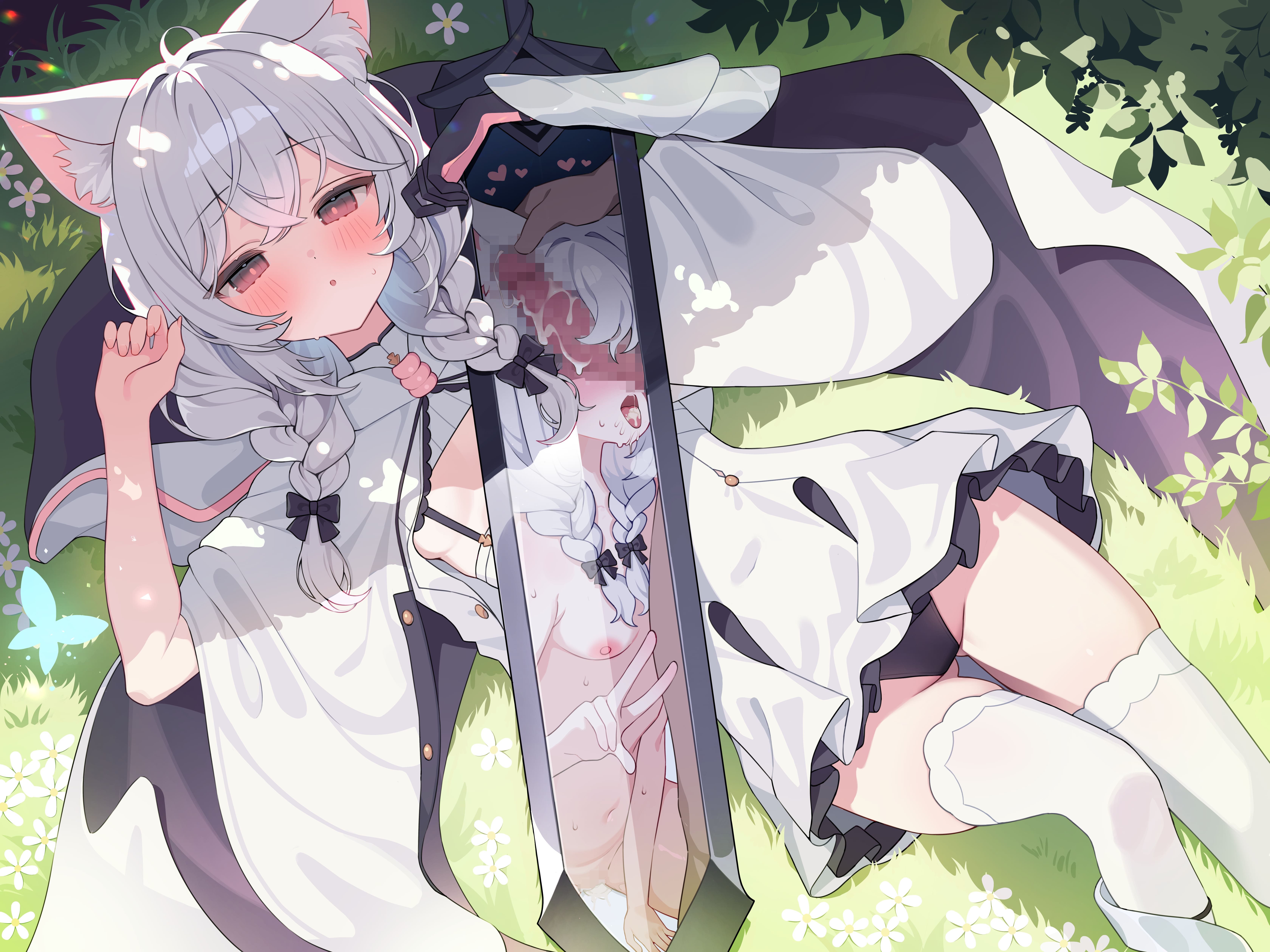 animal_ears anparu98 armor censored cum loli naked nekomimi nipples no_bra pantsu penis skirt_lift sword thighhighs wet