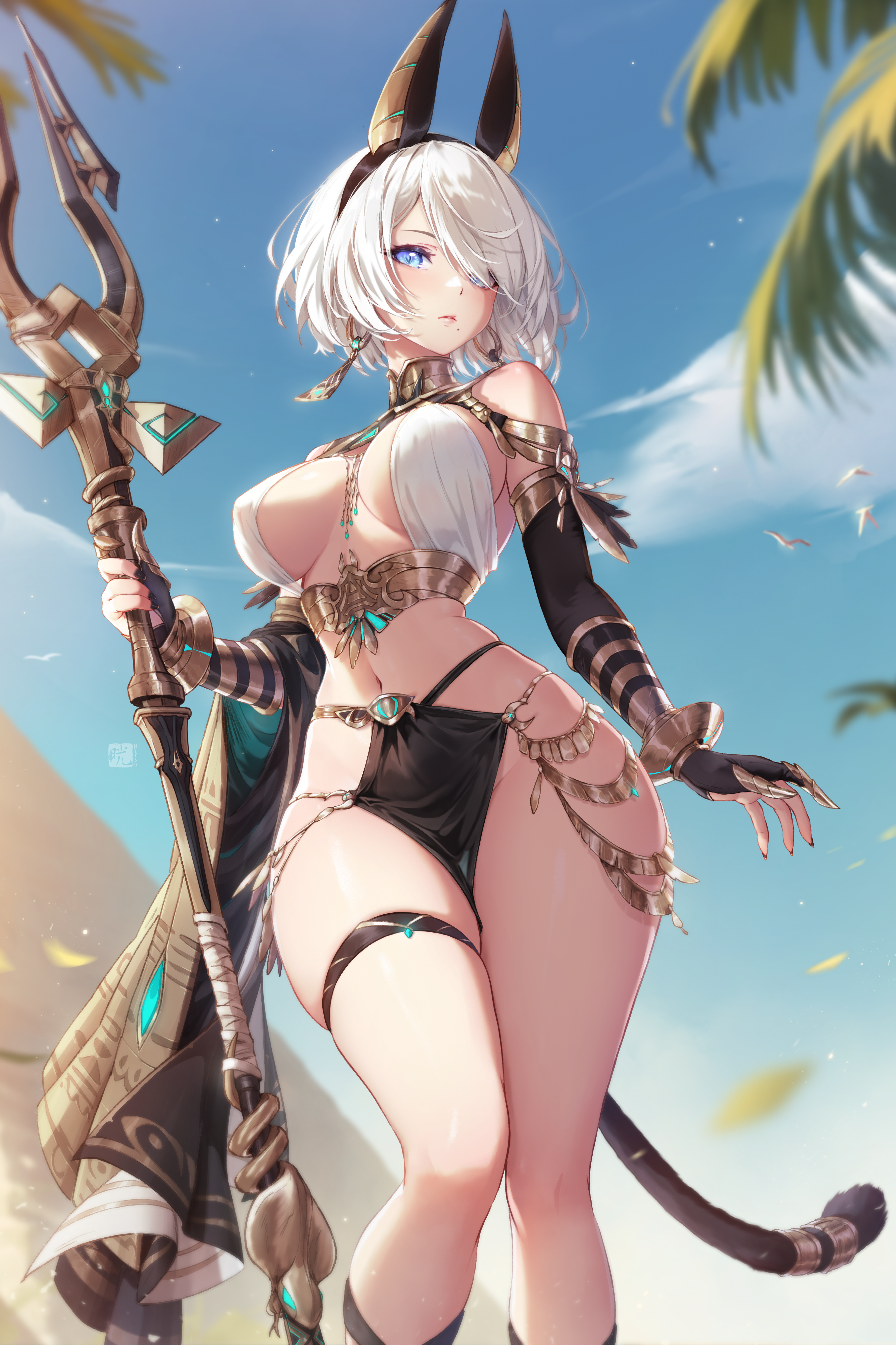 animal_ears garter mitsu_(mitsu_art) nier nier_automata no_bra tail weapon yorha_no.2_type_b