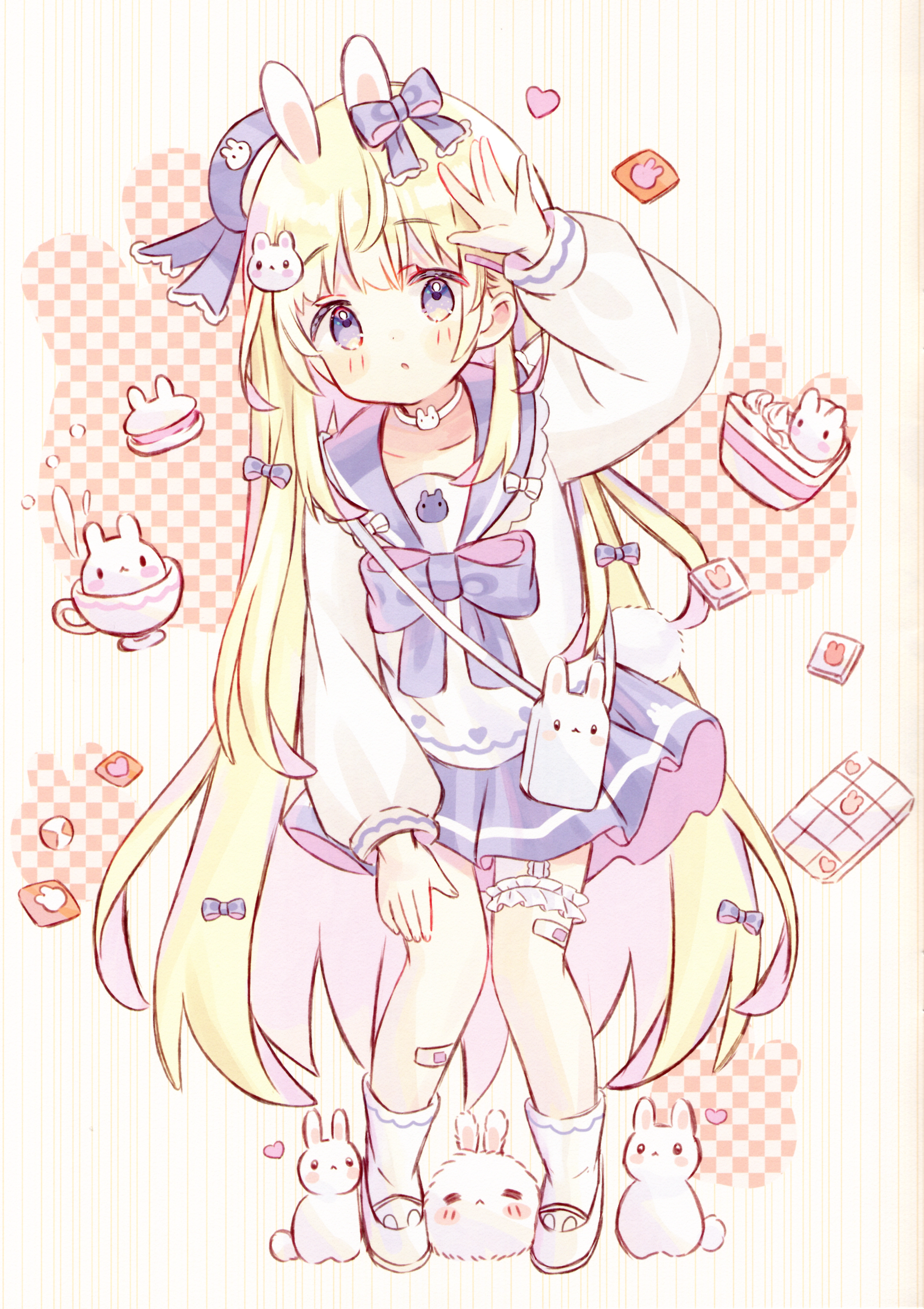 animal_ears bandaid bunny_ears fruitsrabbit garter seifuku skirt_lift tail usapanchieri