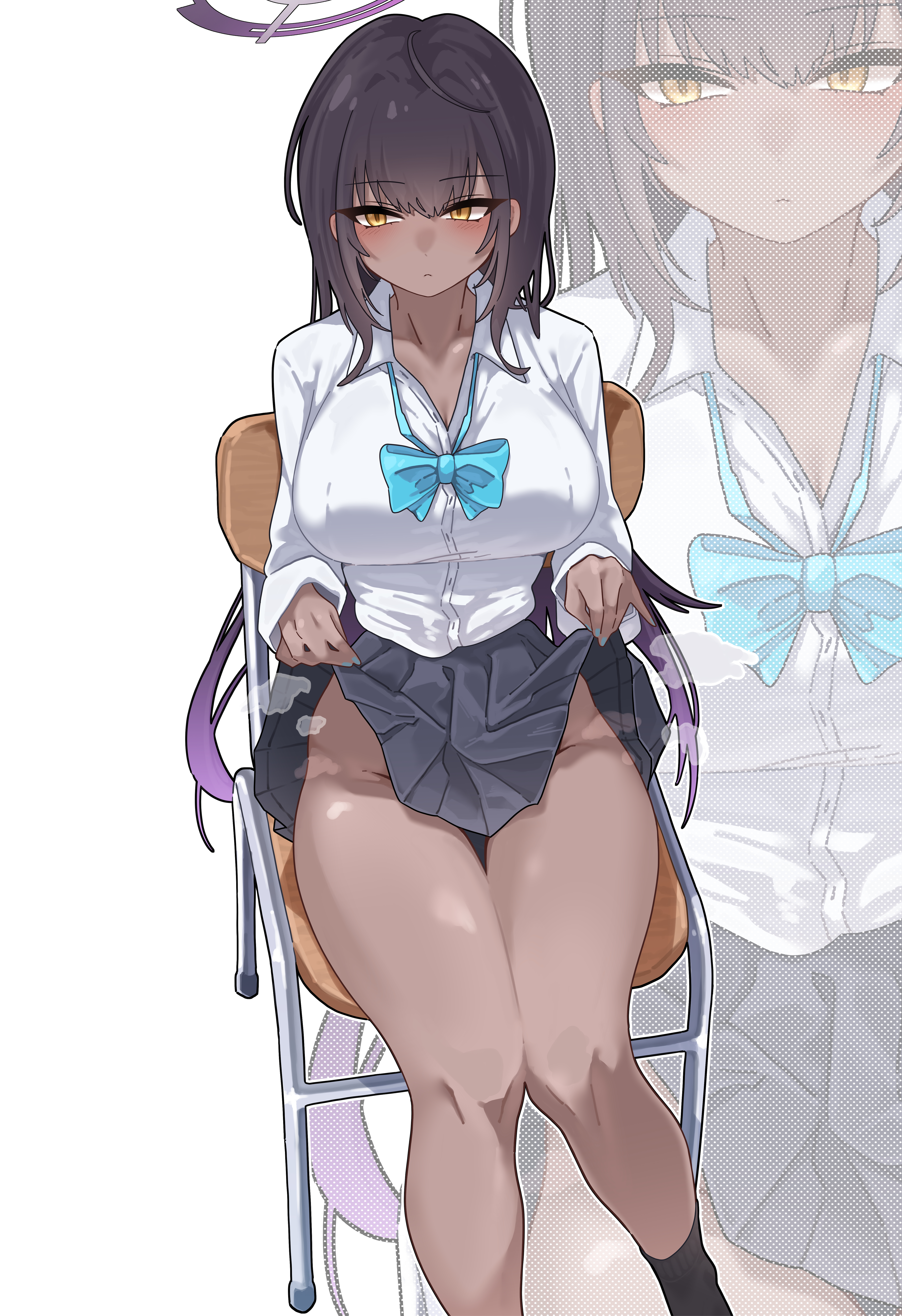 blue_archive cleavage halo kakudate_karin nopan open_shirt seifuku shiro_sai5 skirt_lift