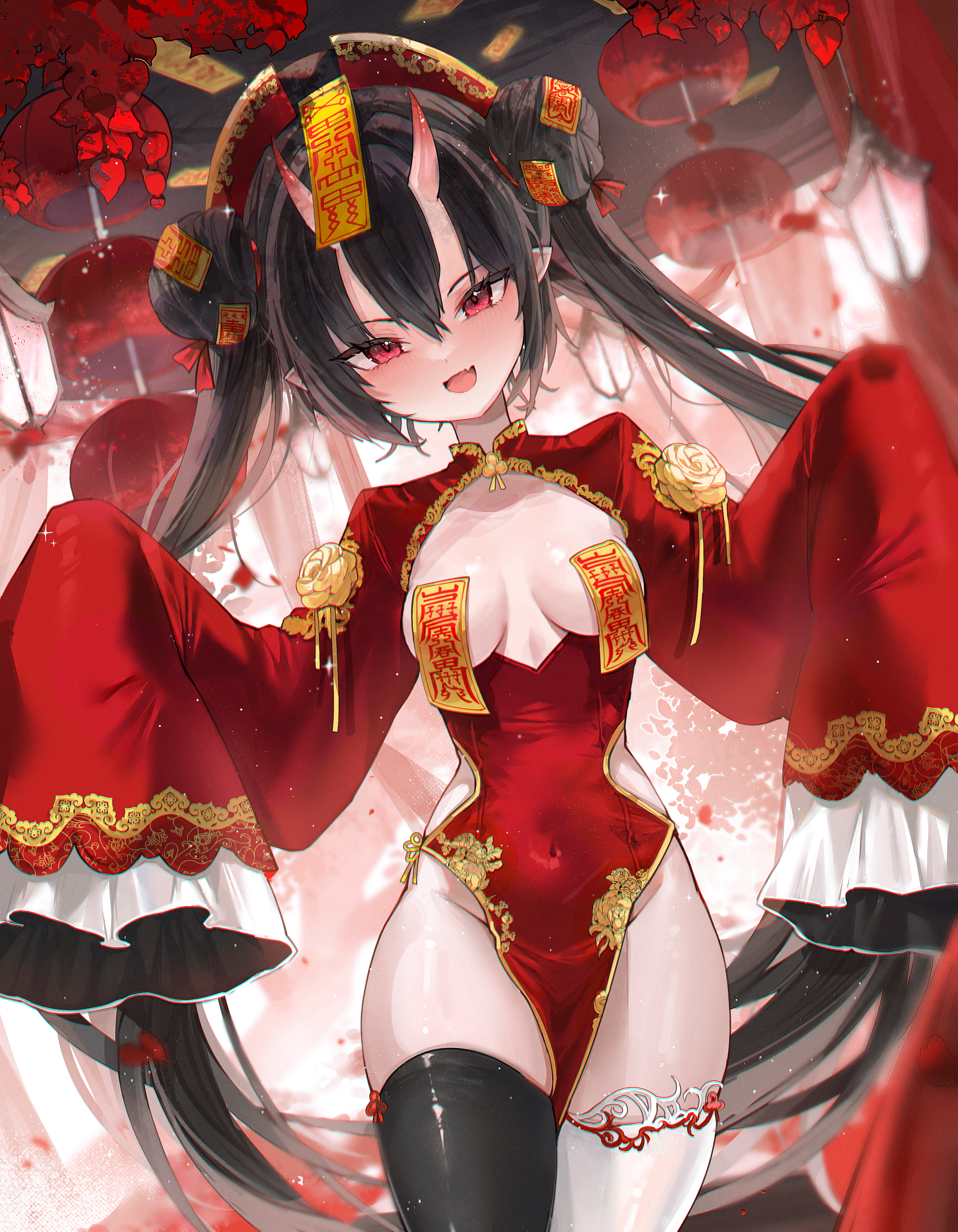 chinadress horns mindoll no_bra pointy_ears thighhighs