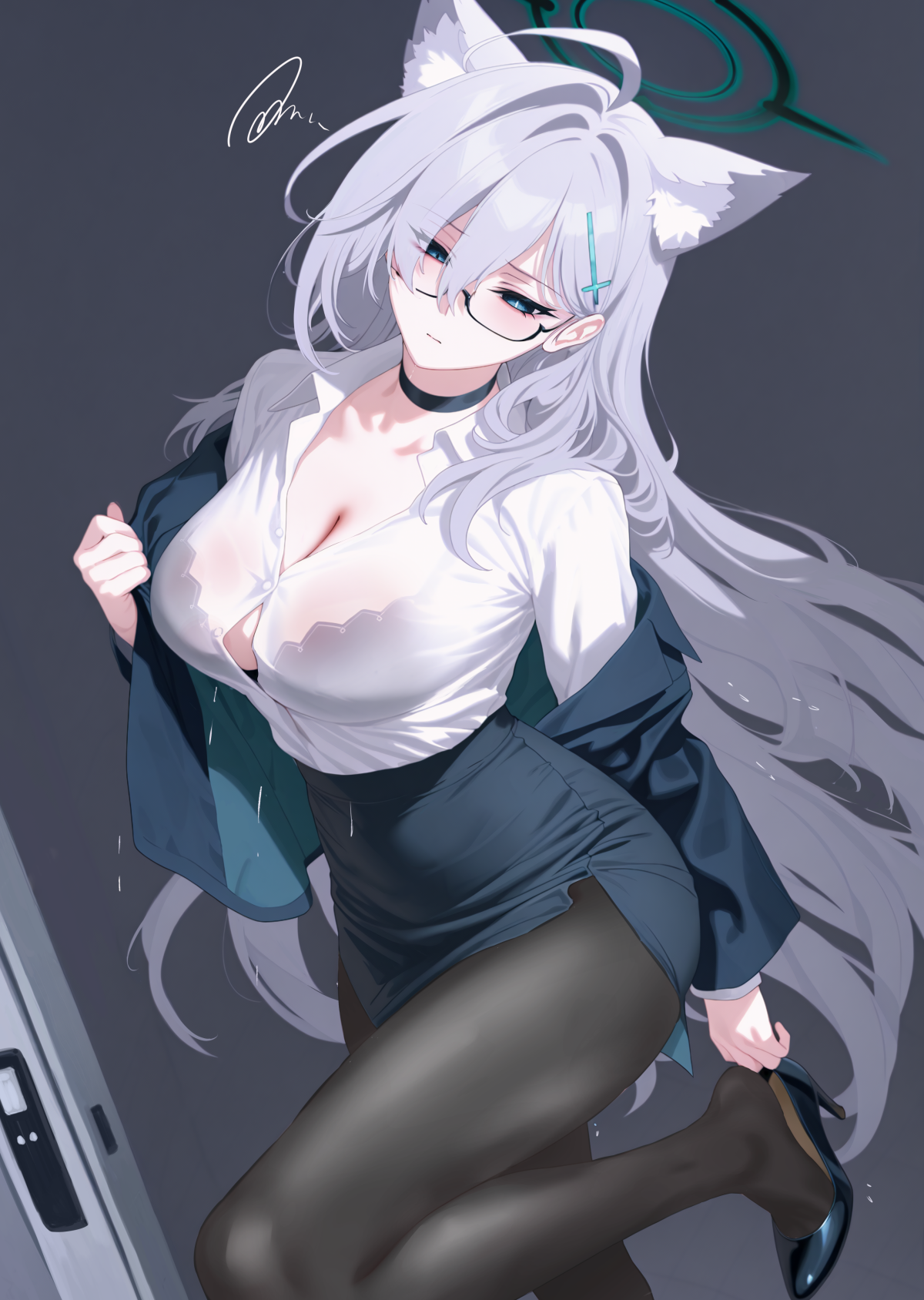 animal_ears blue_archive bra ei_(fnjx3455) halo heels megane nekomimi open_shirt pantyhose see_through shiroko_terror sunaookami_shiroko undressing