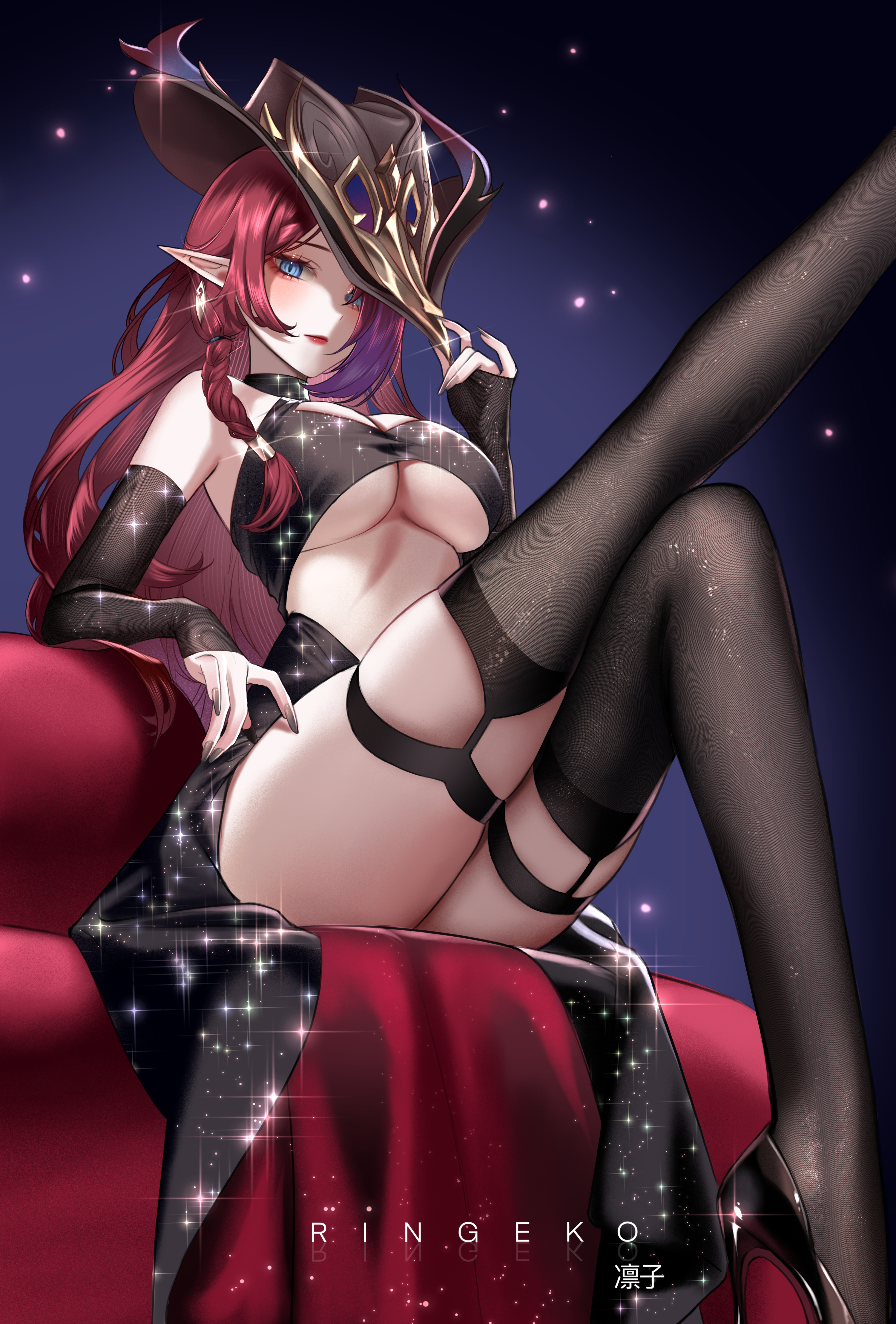 chasca dress garter genshin_impact heels no_bra nopan pointy_ears ringeko-chan skirt_lift stockings thighhighs