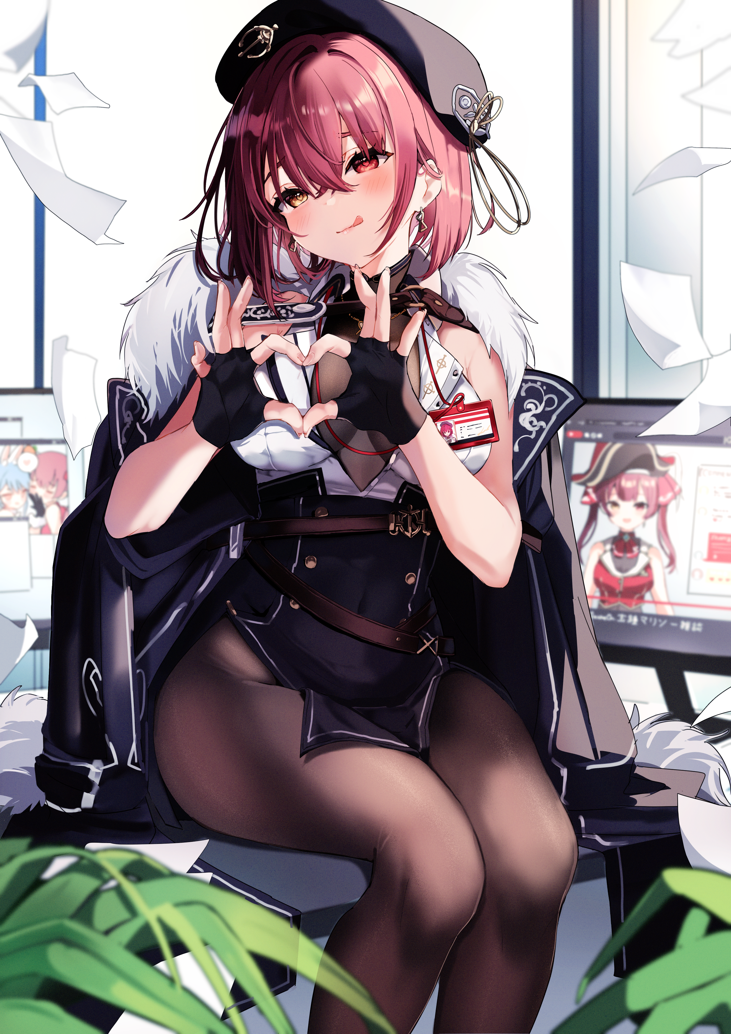beryl_(blueberylpie) heterochromia hololive houshou_marine no_bra pantyhose uniform