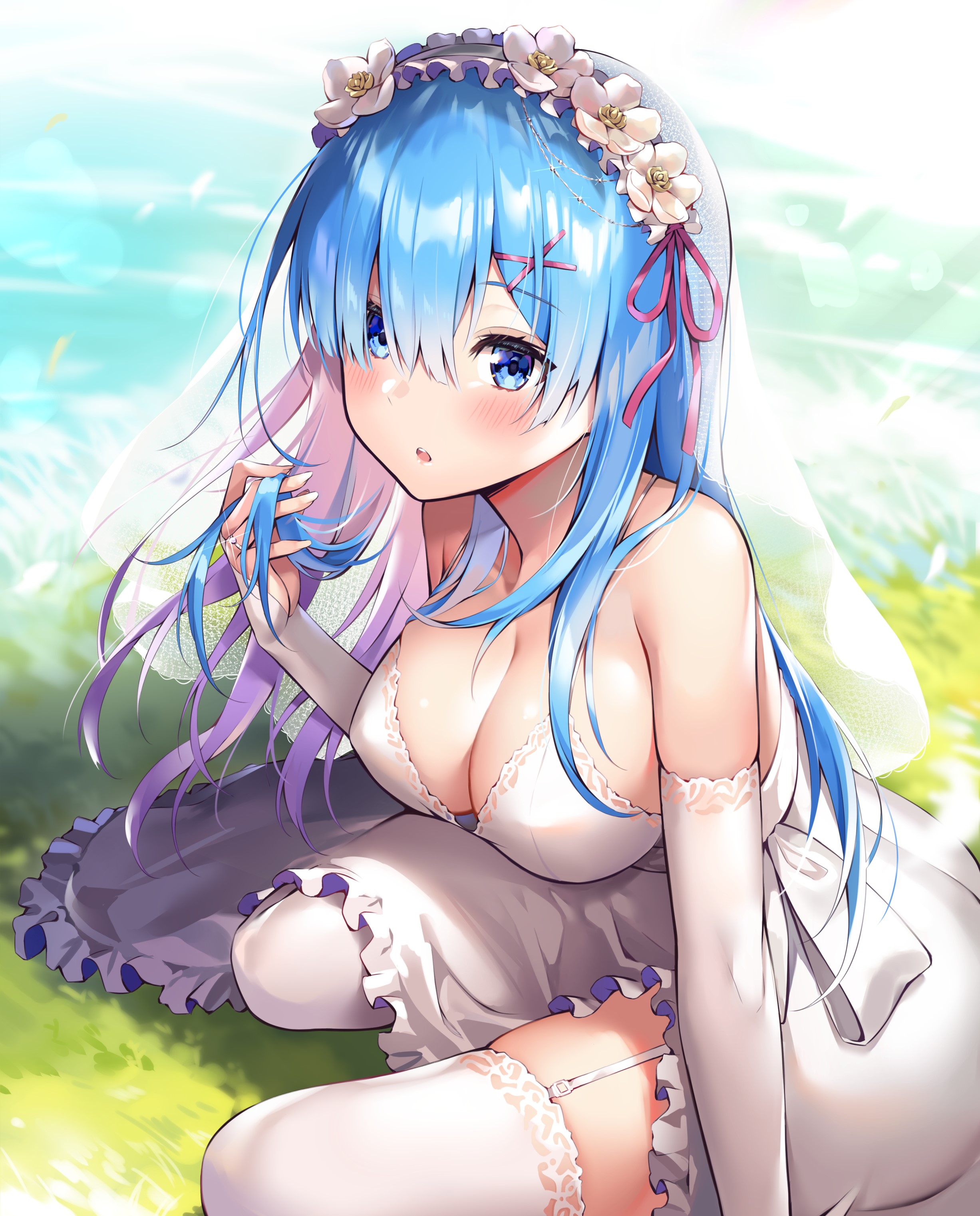 ale_nqki cleavage dress no_bra re:zero_kara_hajimeru_isekai_seikatsu rem_(re_zero) stockings thighhighs wedding_dress