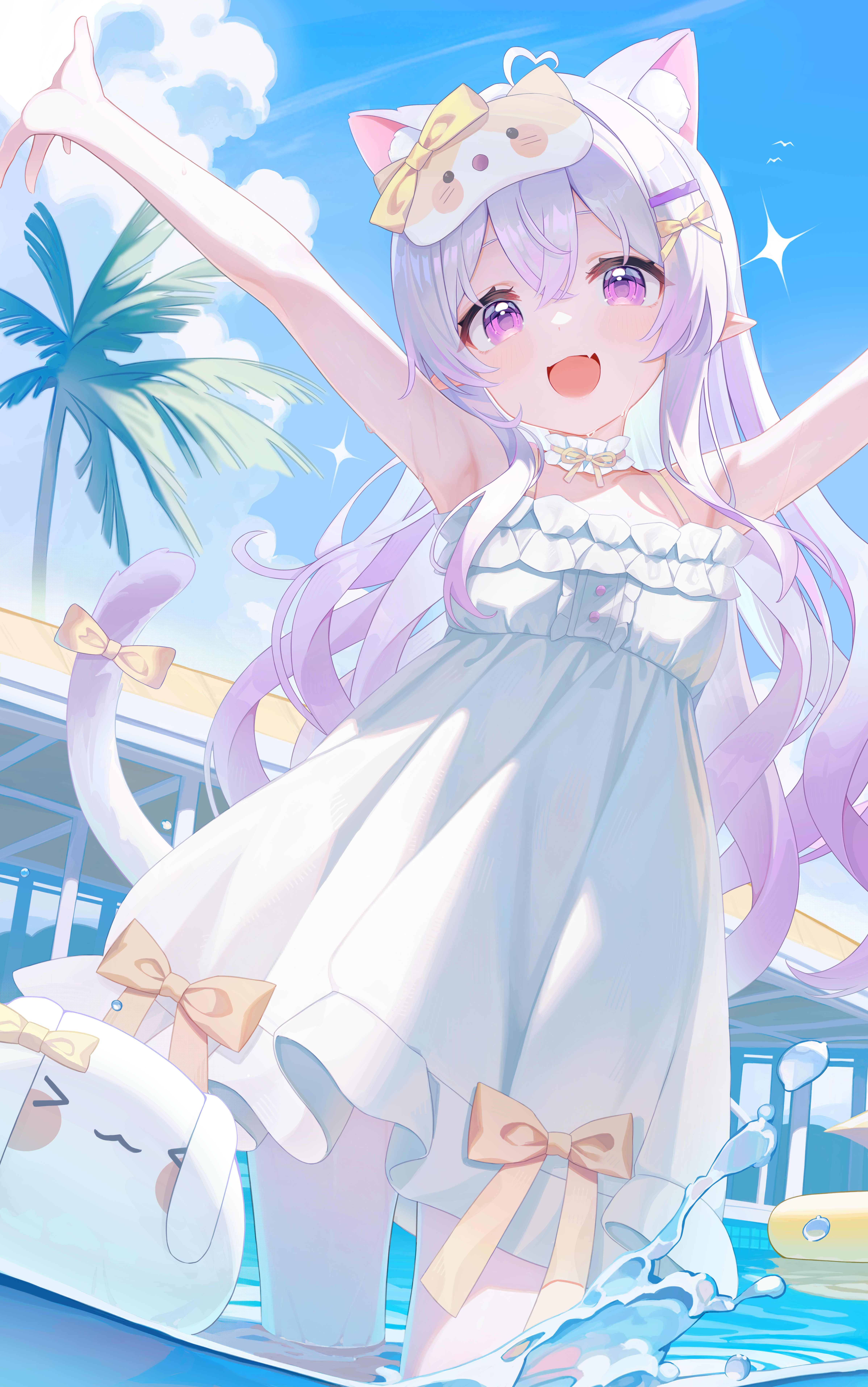 animal_ears dress nekomimi pointy_ears polecat_(pixiv_31682054) summer_dress tail wet