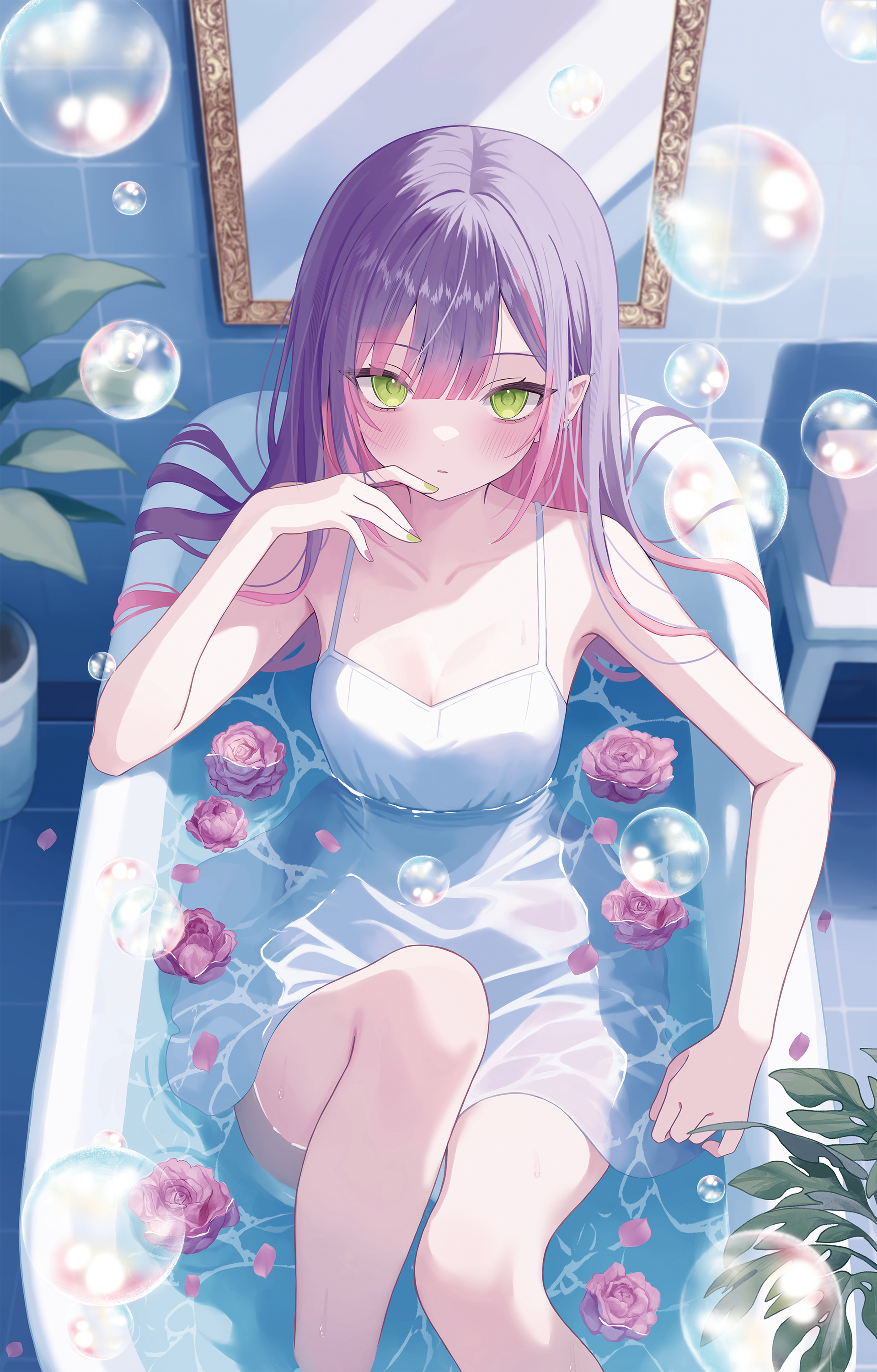 dress hololive no_bra pointy_ears see_through summer_dress tokoyami_towa wet wet_clothes yuzuriha_(nx_e78)