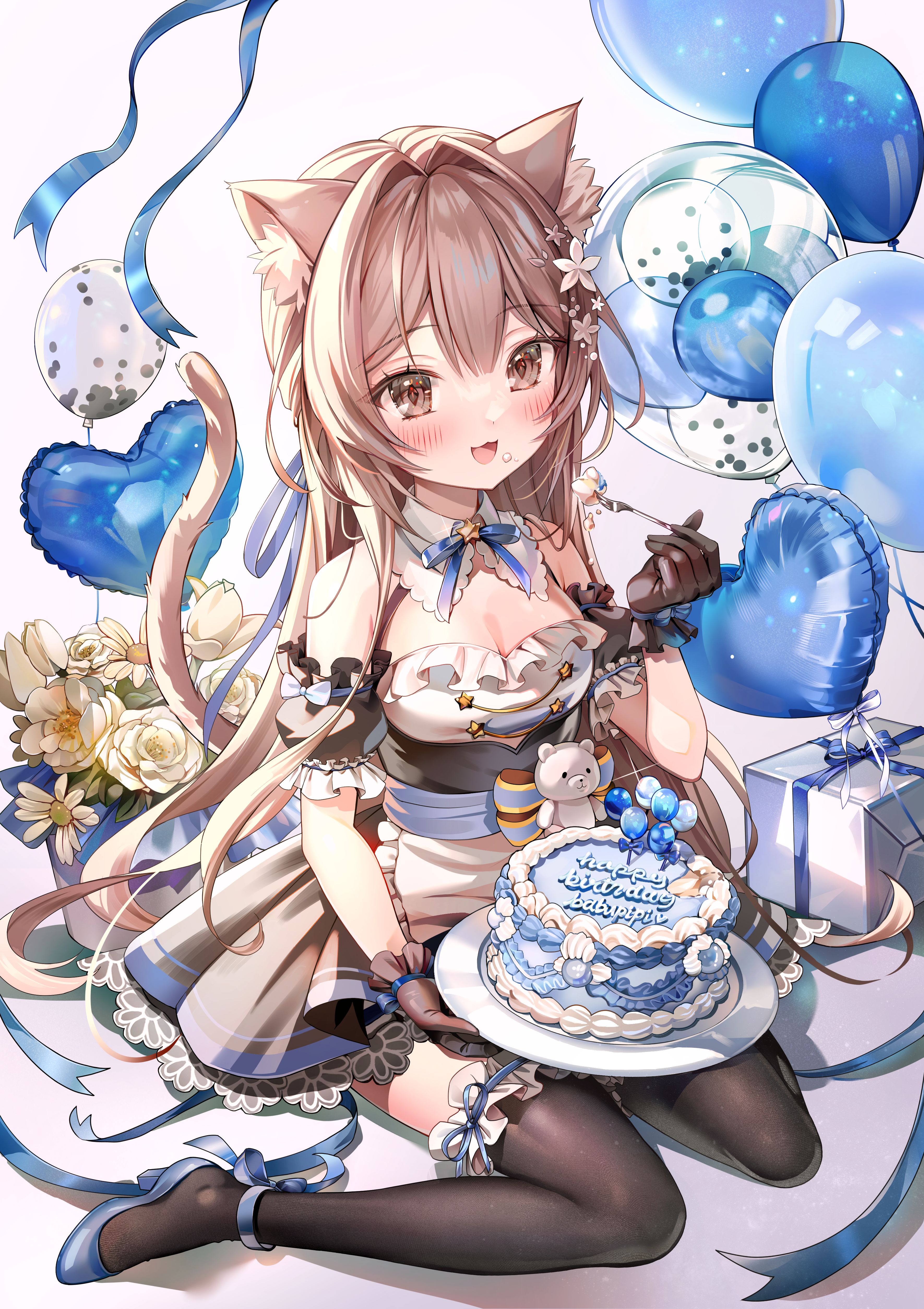 animal_ears babupipi cream garter heels indie_virtual_youtuber luna_nyann maid nekomimi no_bra tail thighhighs