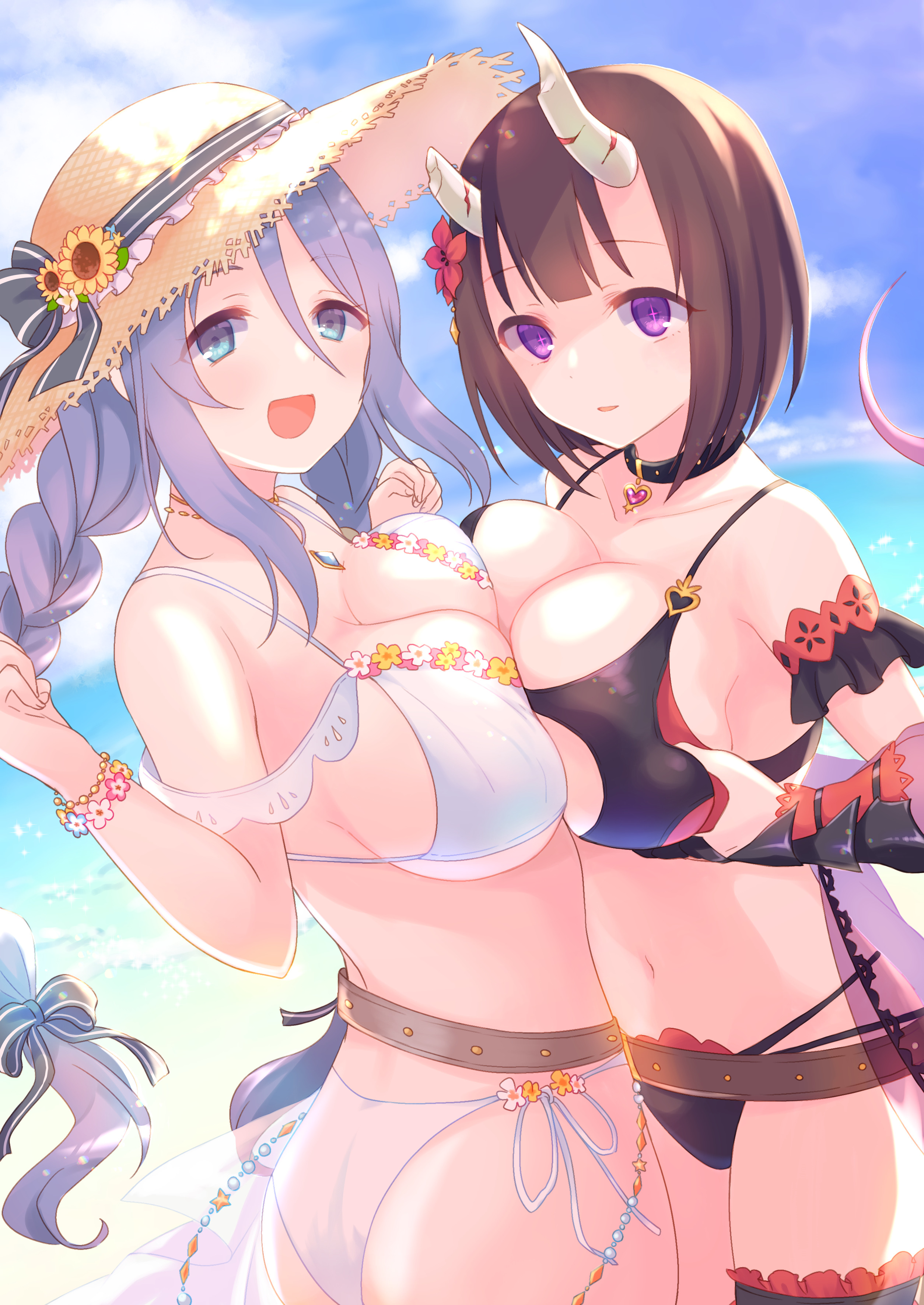 ass bikini breast_hold cleavage garter gucchiann horns hoshino_shizuru kuraishi_eriko princess_connect! princess_connect!_re:dive see_through swimsuits symmetrical_docking tail