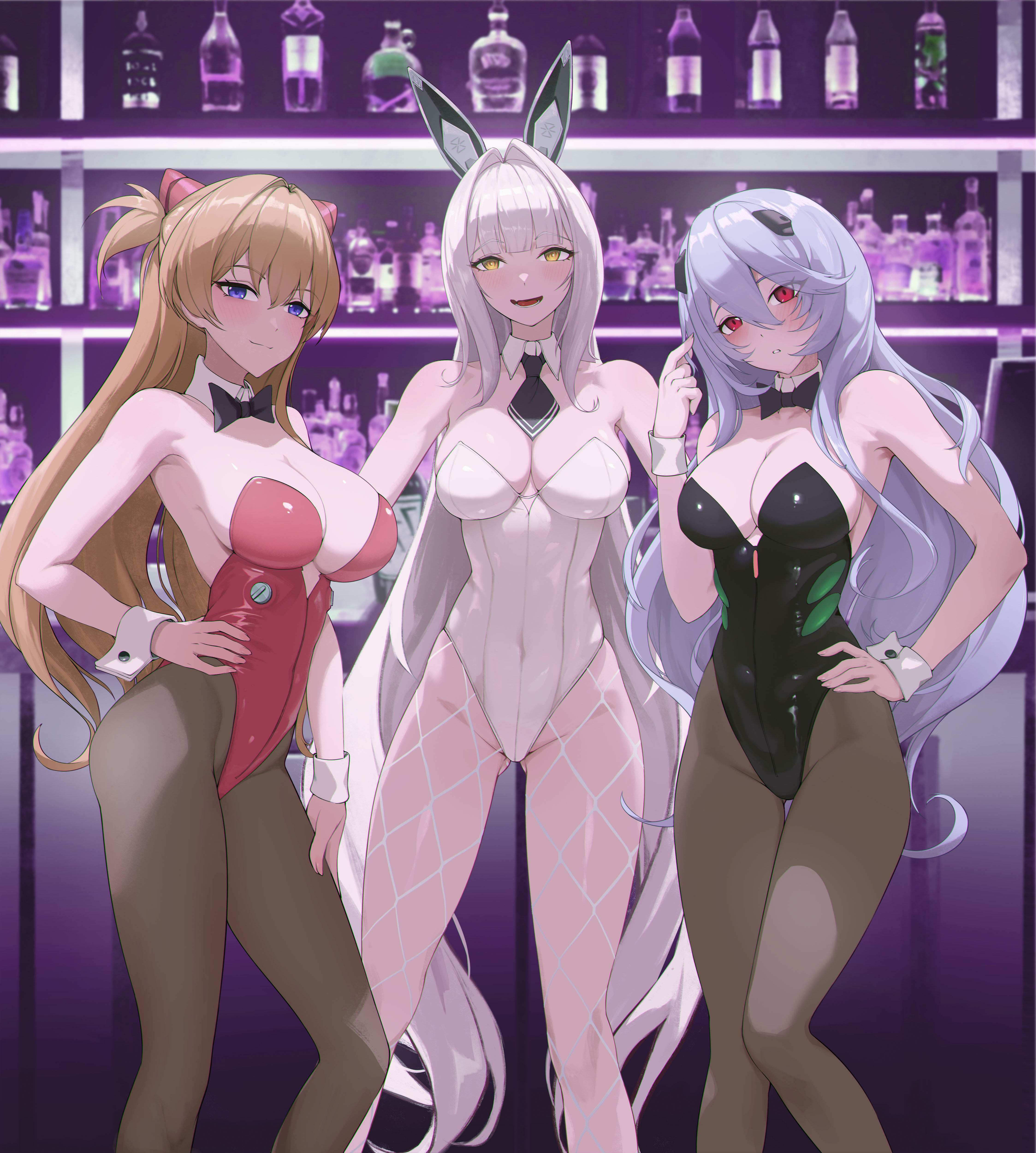 animal_ears ayanami_rei blanc_(nikke) bunny_ears bunny_girl crossover elias2art fishnets goddess_of_victory:_nikke leotard neon_genesis_evangelion no_bra pantyhose souryuu_asuka_langley