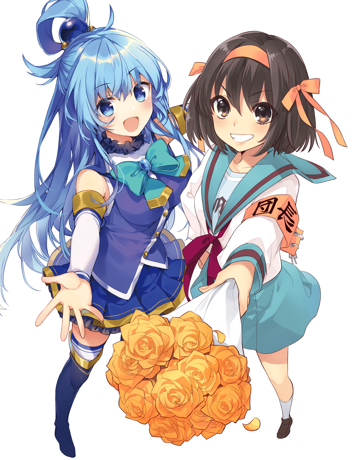 aqua_(konosuba) crossover ito_noizi kono_subarashii_sekai_ni_shukufuku_wo! mishima_kurone seifuku suzumiya_haruhi suzumiya_haruhi_no_yuuutsu thighhighs transparent_png