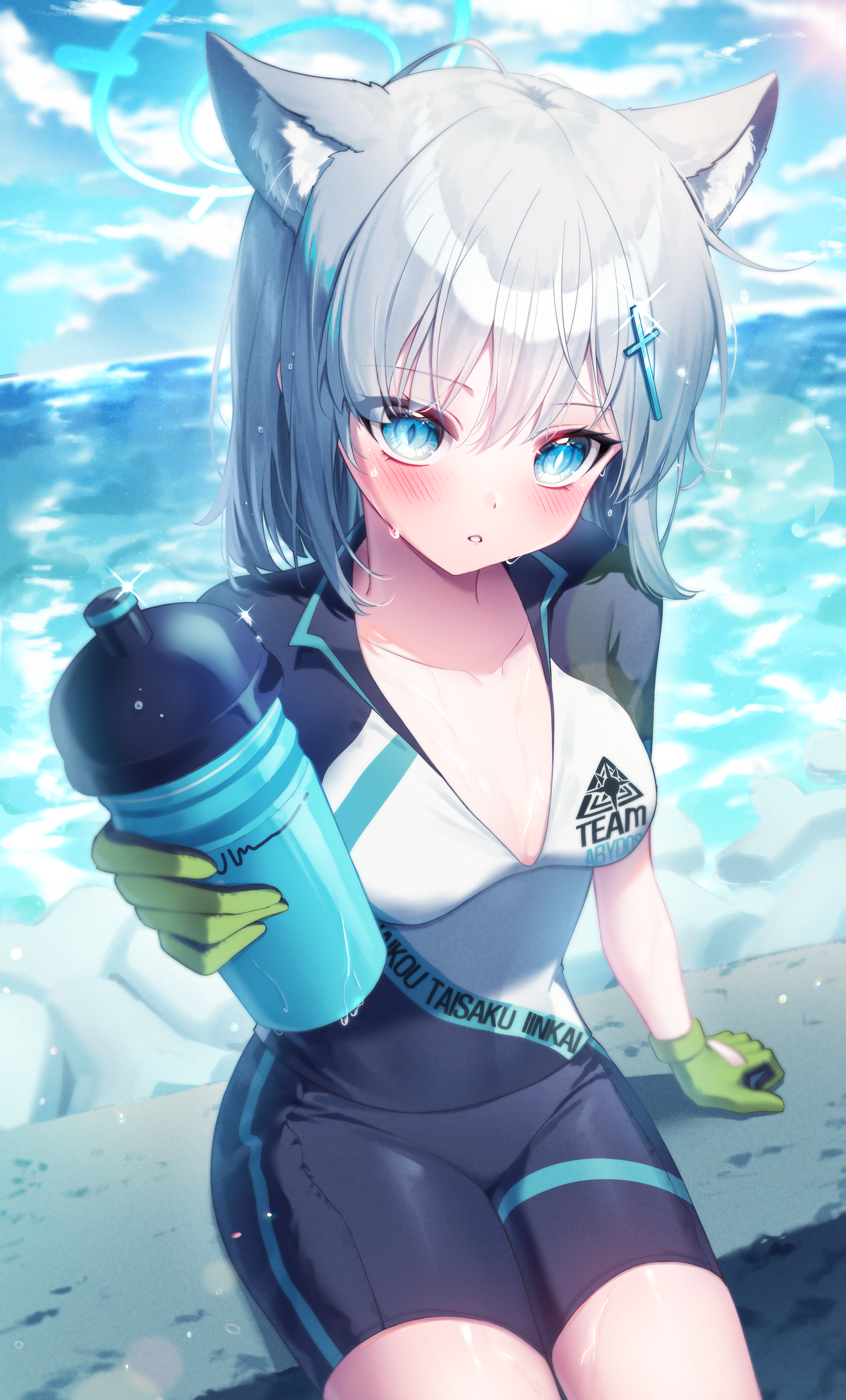animal_ears blue_archive halo no_bra sunaookami_shiroko tagme wet