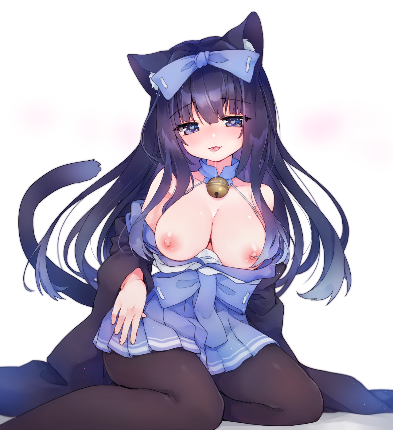 animal_ears arashio_(azur_lane) azur_lane breasts dress nekomimi nipples no_bra open_shirt pantyhose shichijou_natori tail