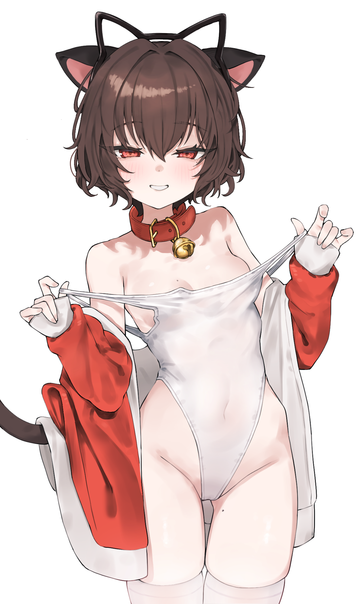 animal_ears artist_revision hanakonenne loli nekomimi prunechi school_swimsuit swimsuits tail thighhighs undressing