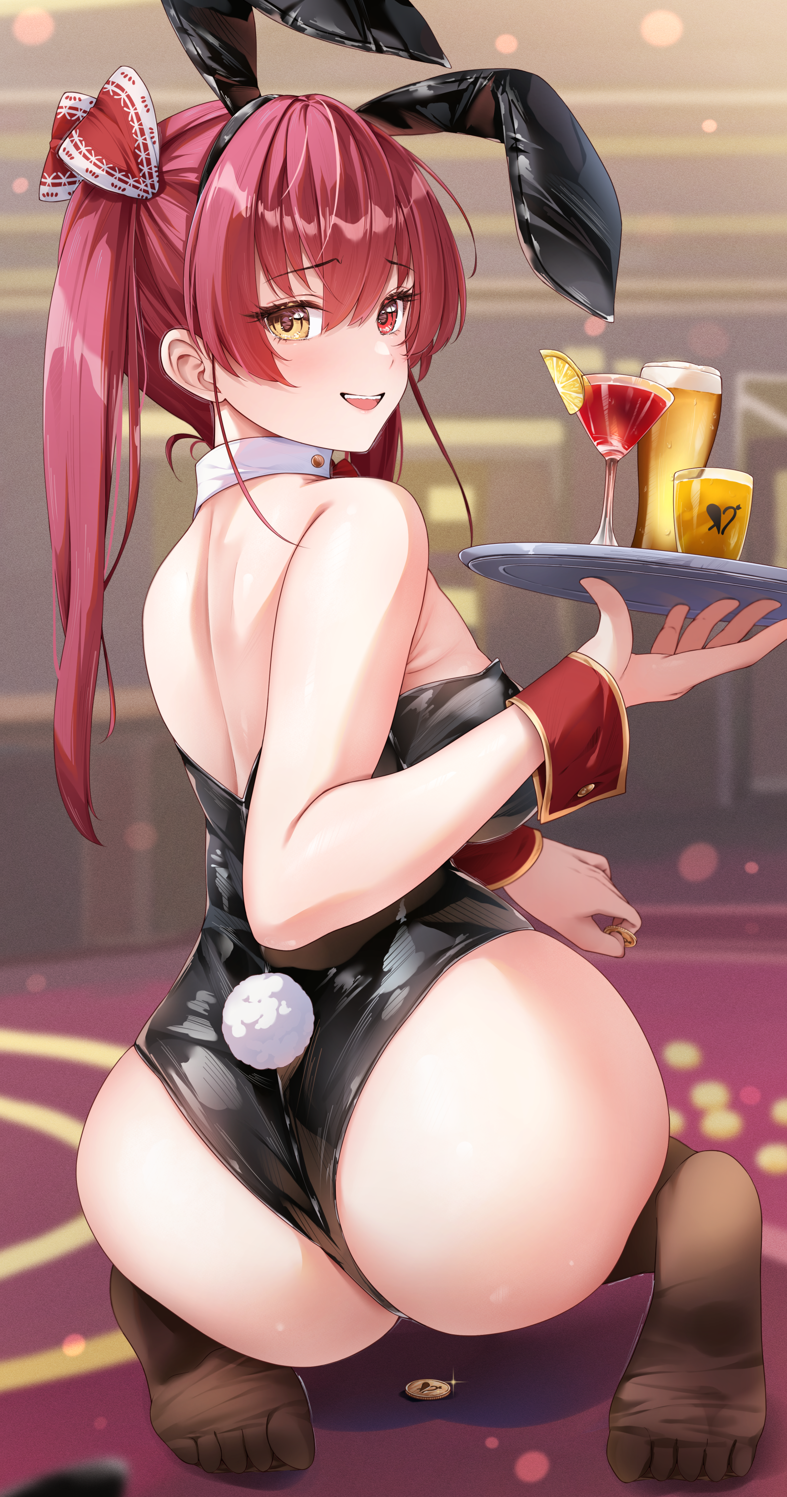 animal_ears ass bunny_ears bunny_girl feet heterochromia hololive houshou_marine iroha_(unyun) see_through tail waitress