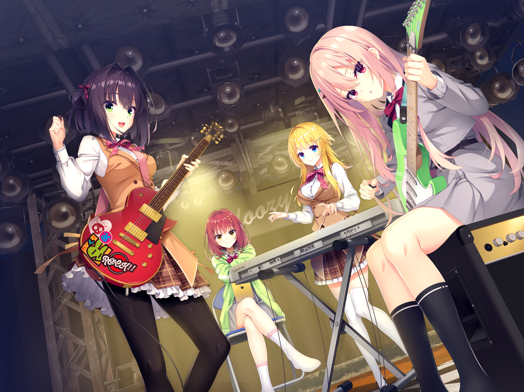 futamihara_ririko guitar harumi_ena hokkana kobuichi limelight_lemonade_jam muririn nabari_anju pantyhose seifuku shimakoshi_tsukimi skirt_lift thighhighs yuzu-soft