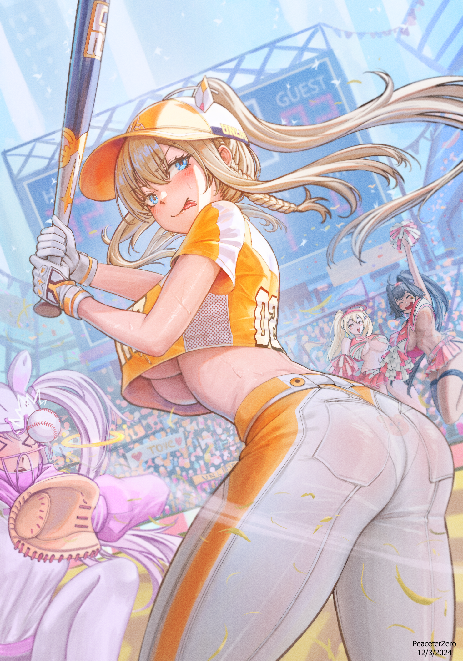 alice_(nikke) animal_ears ass baseball bay cheerleader clay_(nikke) garter goddess_of_victory:_nikke no_bra pantsu peaceterzero see_through shirt_lift string_panties tattoo thighhighs thong tove underboob uniform