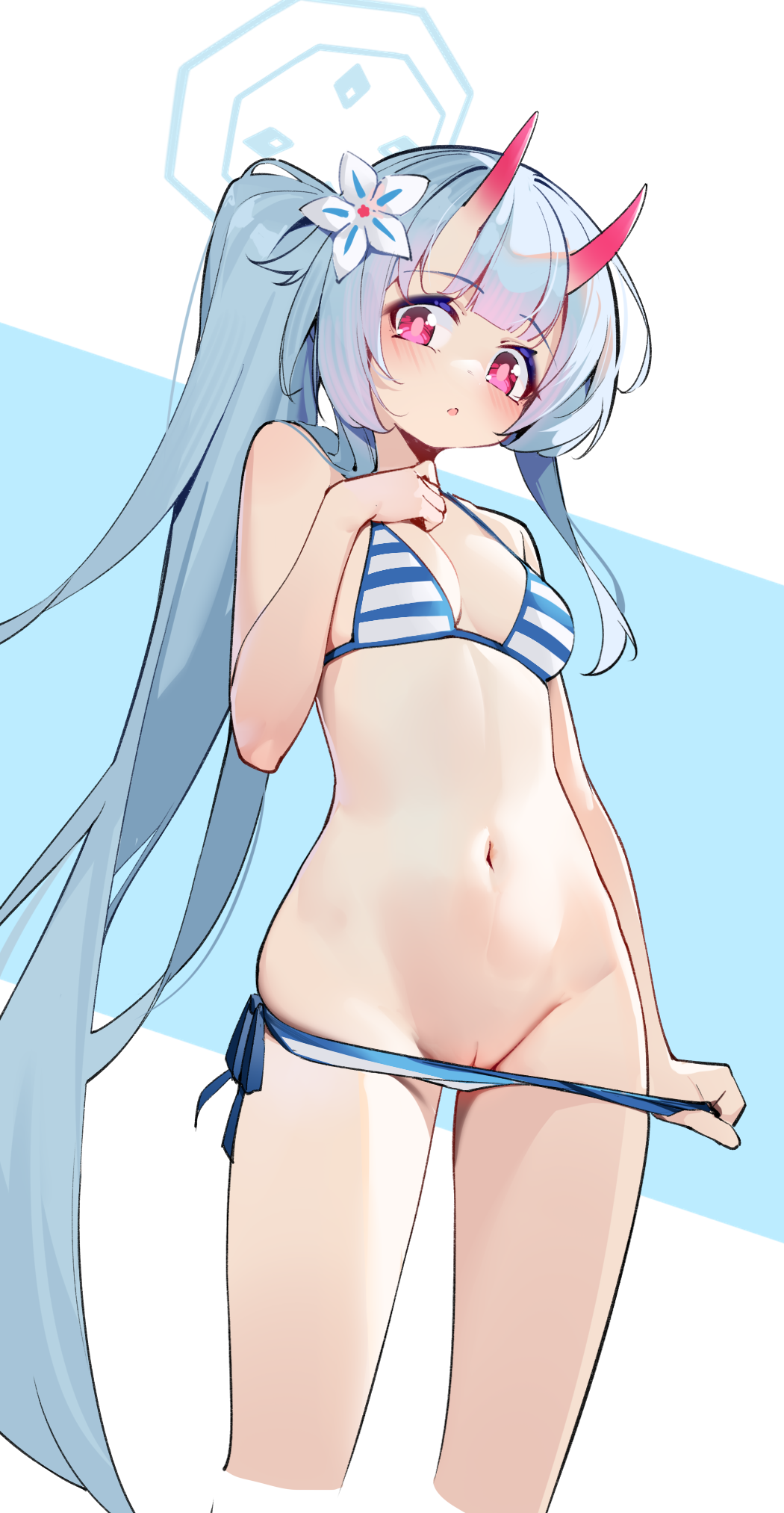 bikini blue_archive halo horns painterliuhao panty_pull pussy swimsuits uncensored undressing waraku_chise