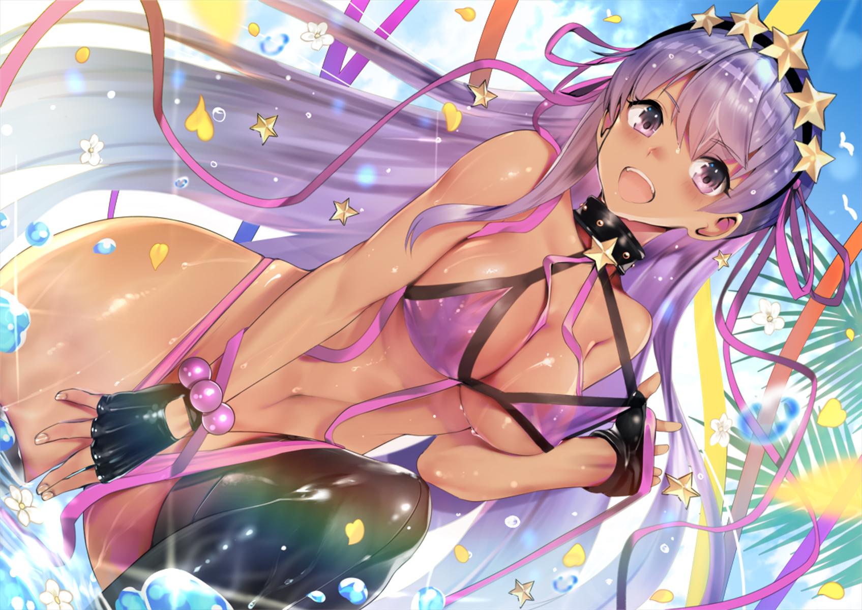 bb_(fate) bikini breast_hold fate/grand_order panty_pull see_through swimsuits teddy thighhighs undressing wet