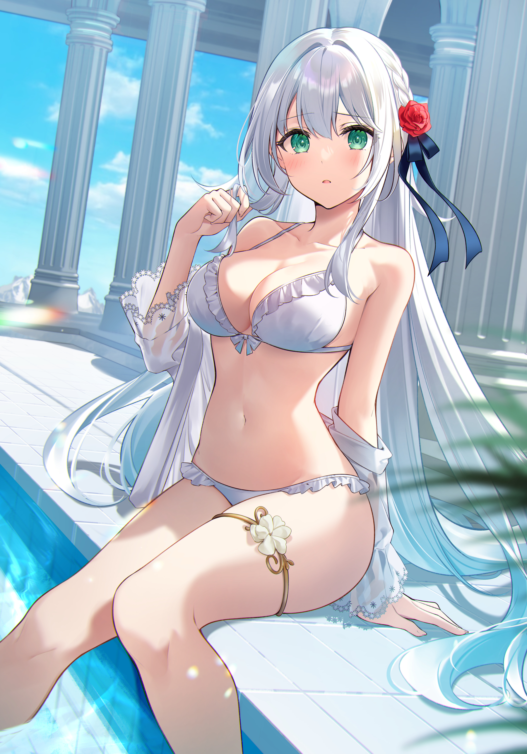 bikini garter kisaragi_yuri open_shirt see_through swimsuits wet wet_clothes