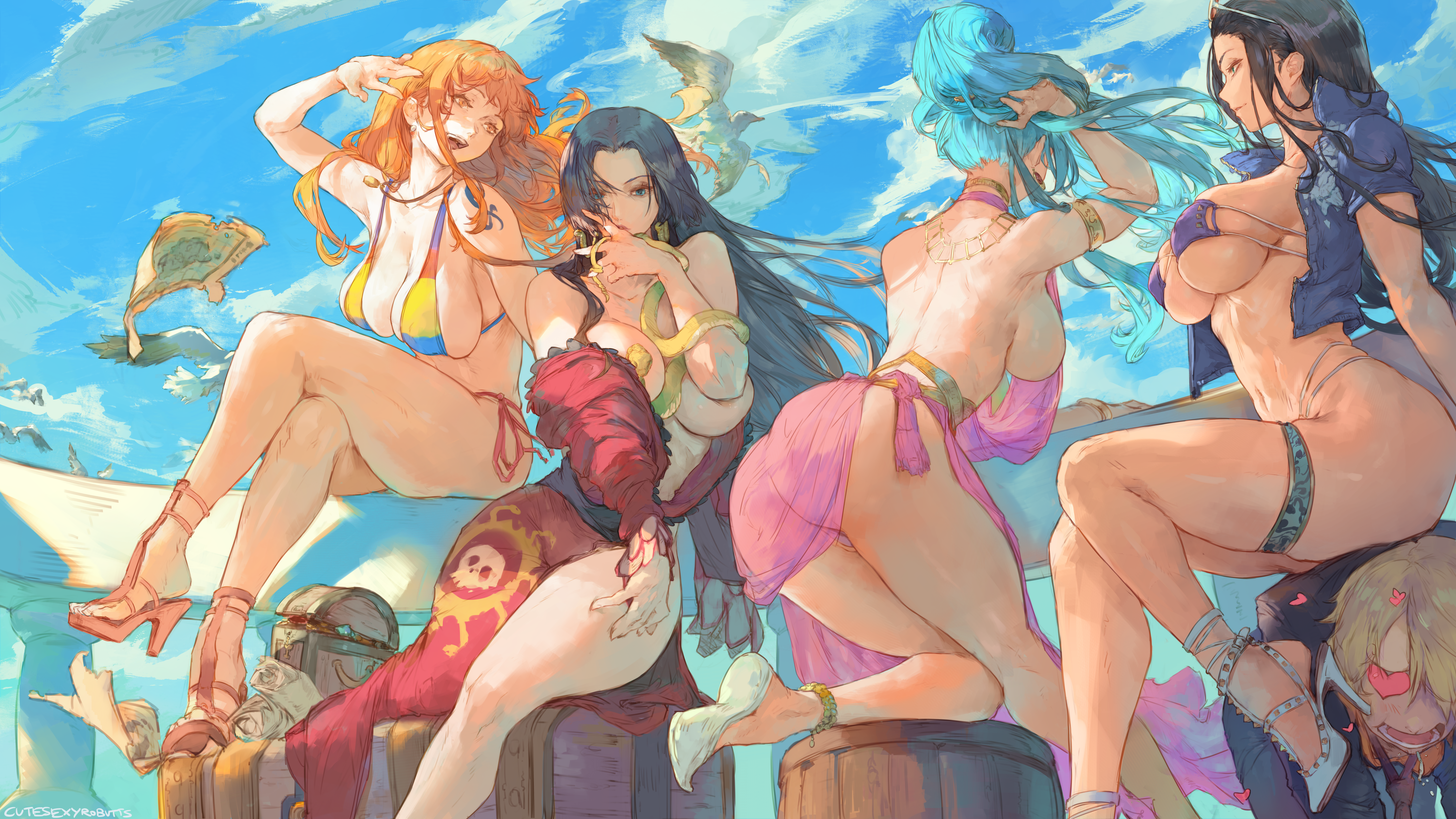 ass bikini boa_hancock cutesexyrobutts erect_nipples garter heels nami nefertari_vivi nico_robin no_bra nopan one_piece open_shirt see_through swimsuits vinsmoke_sanji