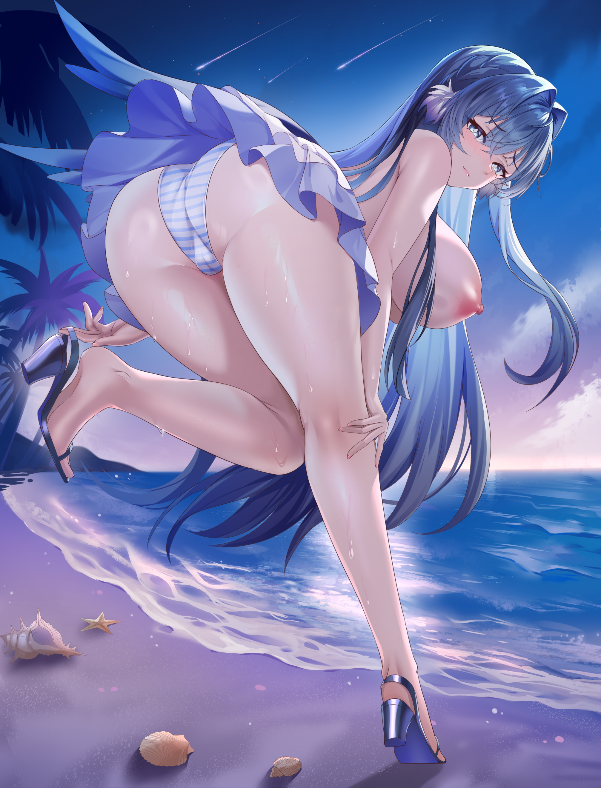 arknights astesia_(arknights) cameltoe heels lingshalan nipples pantsu shimapan skirt_lift thighhighs topless