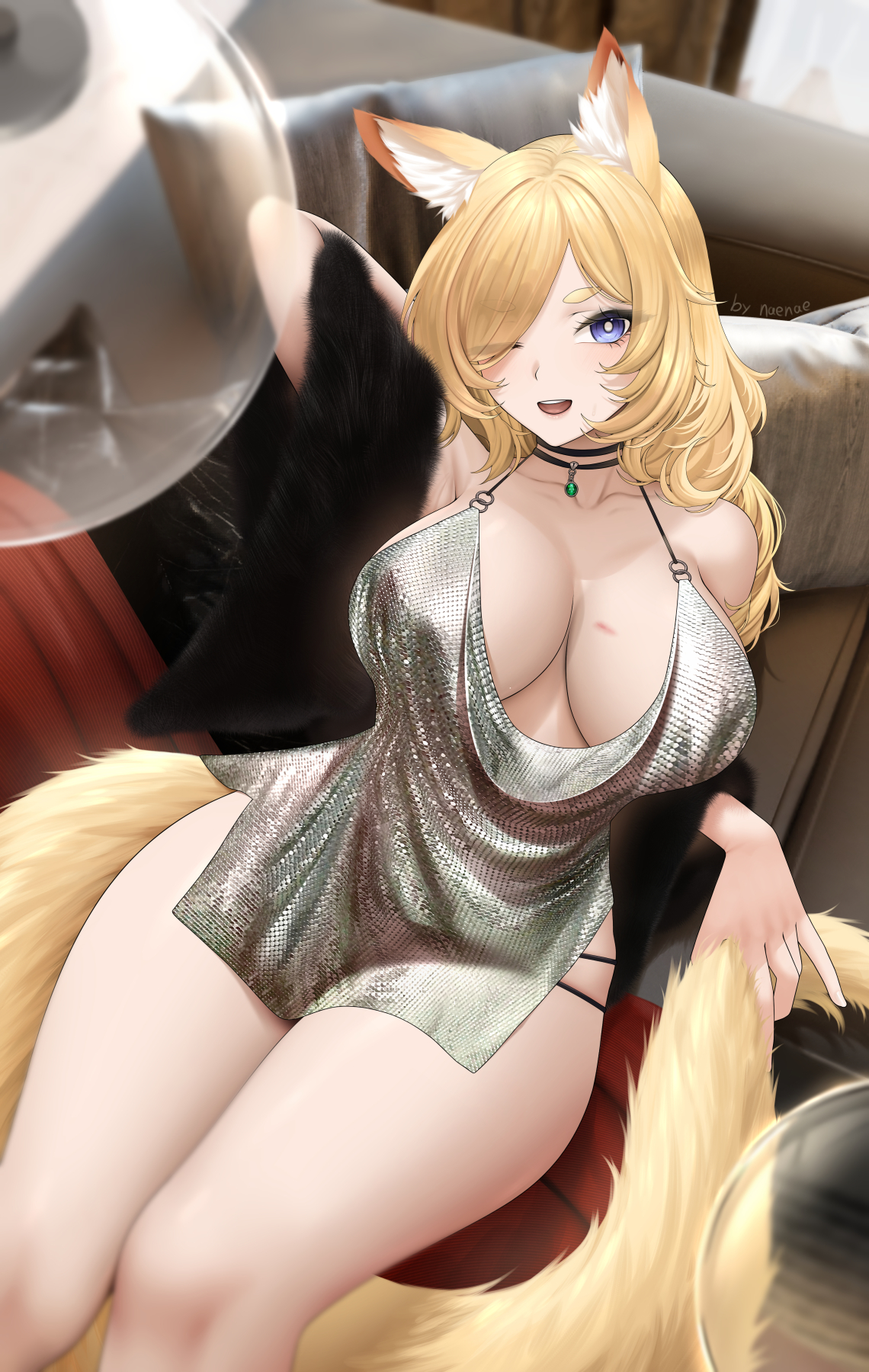 animal_ears arknights dress foria_sensei no_bra tail whislash_(arknights)