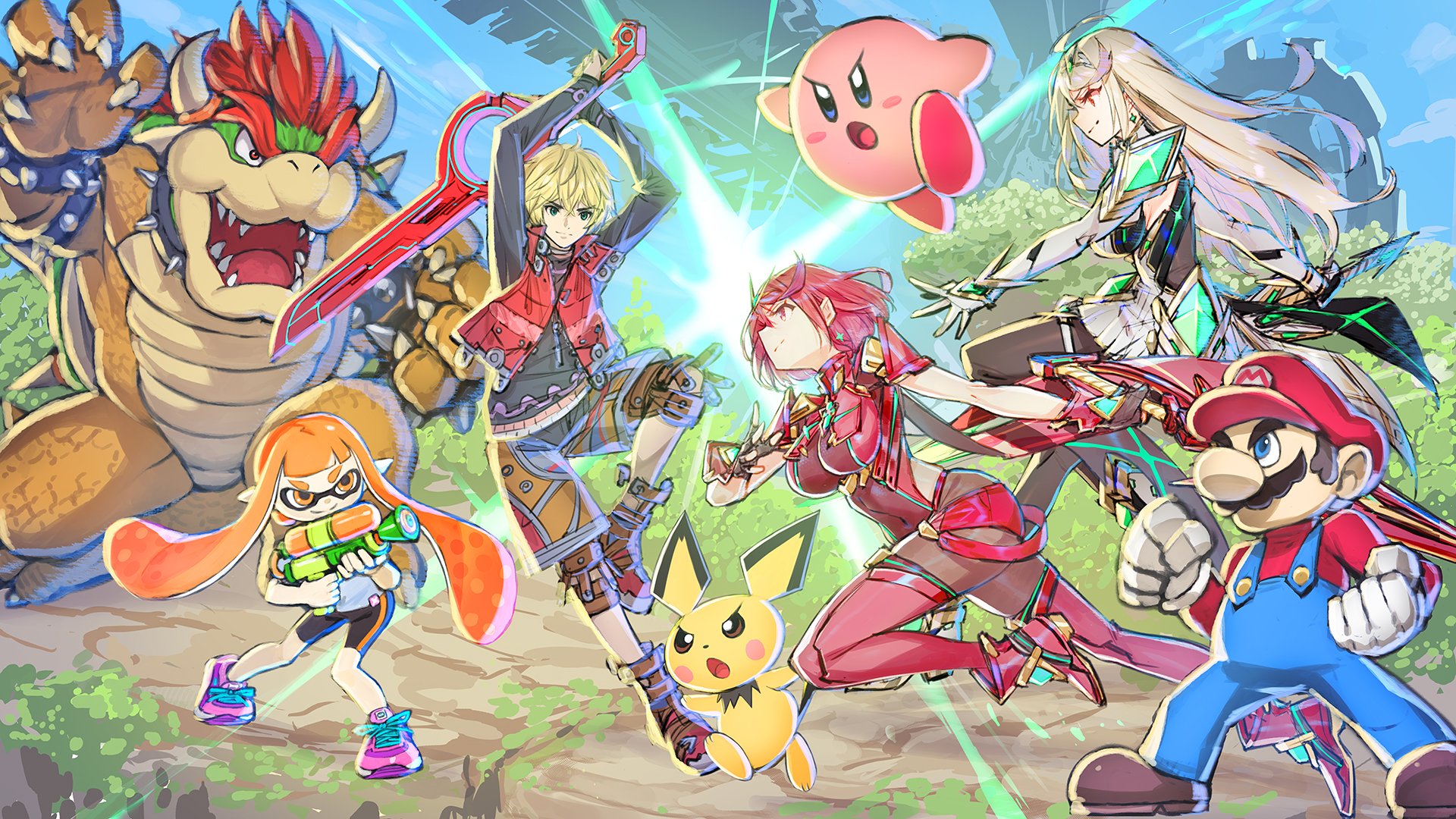 armor bike_shorts bodysuit bowser cleavage crossover dress garter gun hikari_(xenoblade_2) homura_(xenoblade_2) horns inkling_(splatoon) kirby kirby_(character) mario mario_bros. monolith_soft monster nintendo pichu pointy_ears pokemon saitom shulk splatoon super_smash_bros. sword thighhighs wallpaper xenoblade xenoblade_(series) xenoblade_2