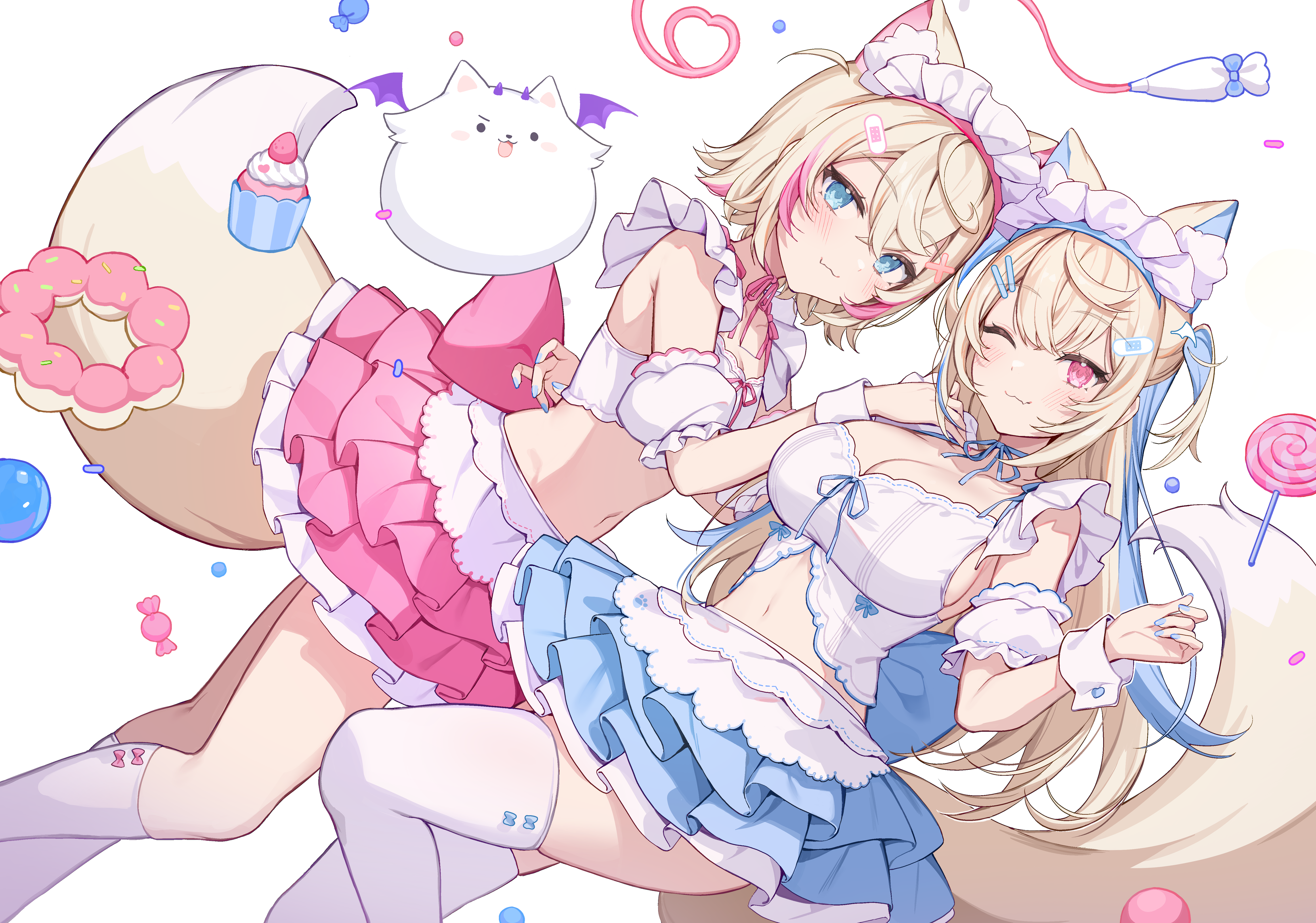 animal_ears bandaid fuwawa_abyssgard hololive hololive_english icomochi inumimi maid mococo_abyssgard no_bra tail thighhighs waitress