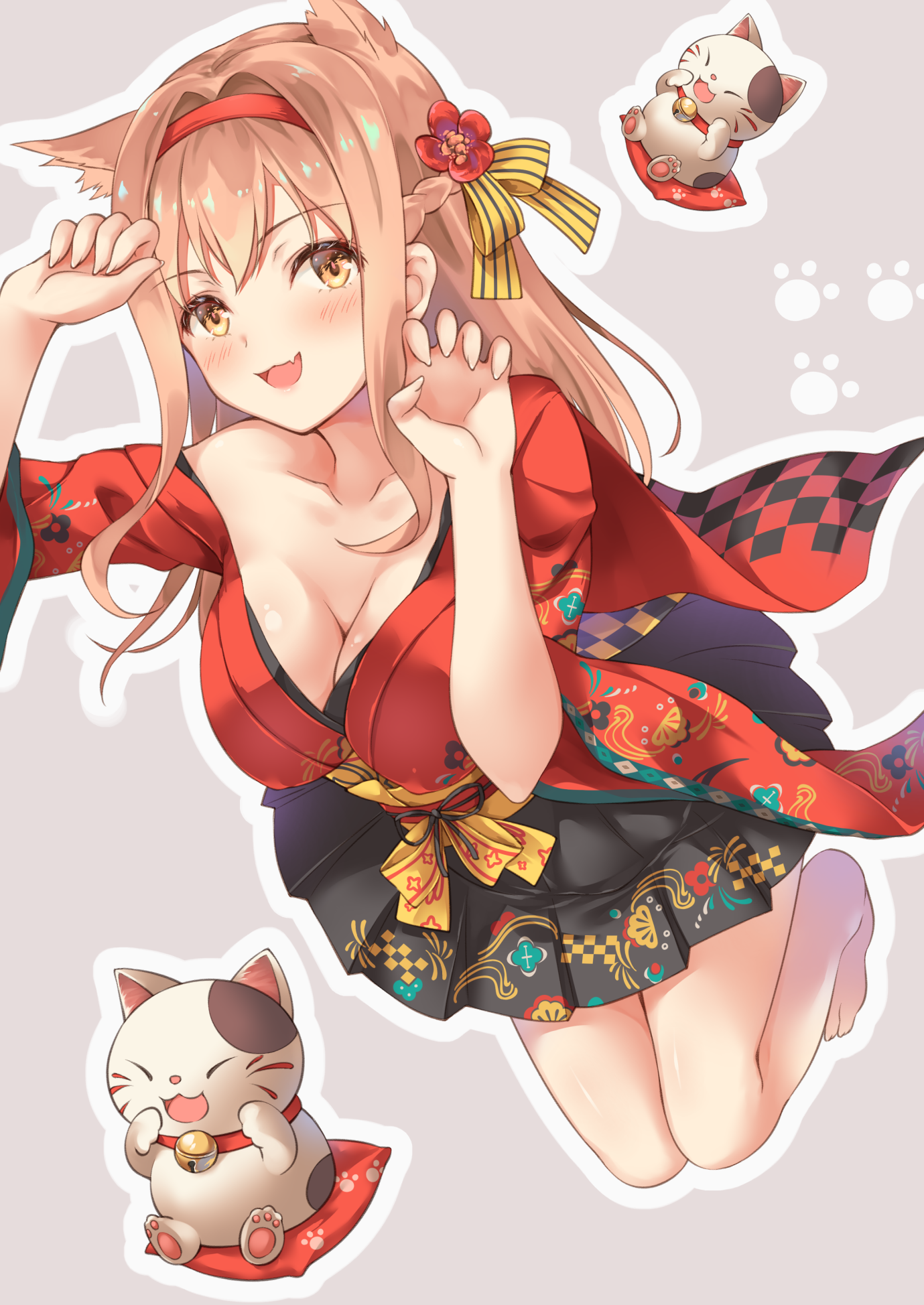 animal_ears cleavage illusion_connect iroha_(unyun) japanese_clothes miyuki_(illusion_connect) neko nekomimi no_bra open_shirt