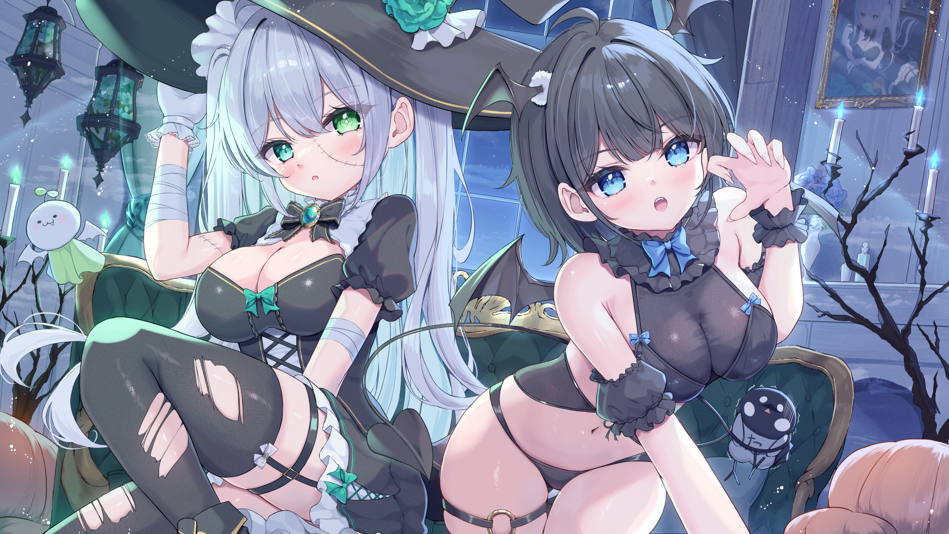 bandages bikini devil garter mikaze_maruto skirt_lift stockings swimsuits tail thighhighs torn_clothes wings witch