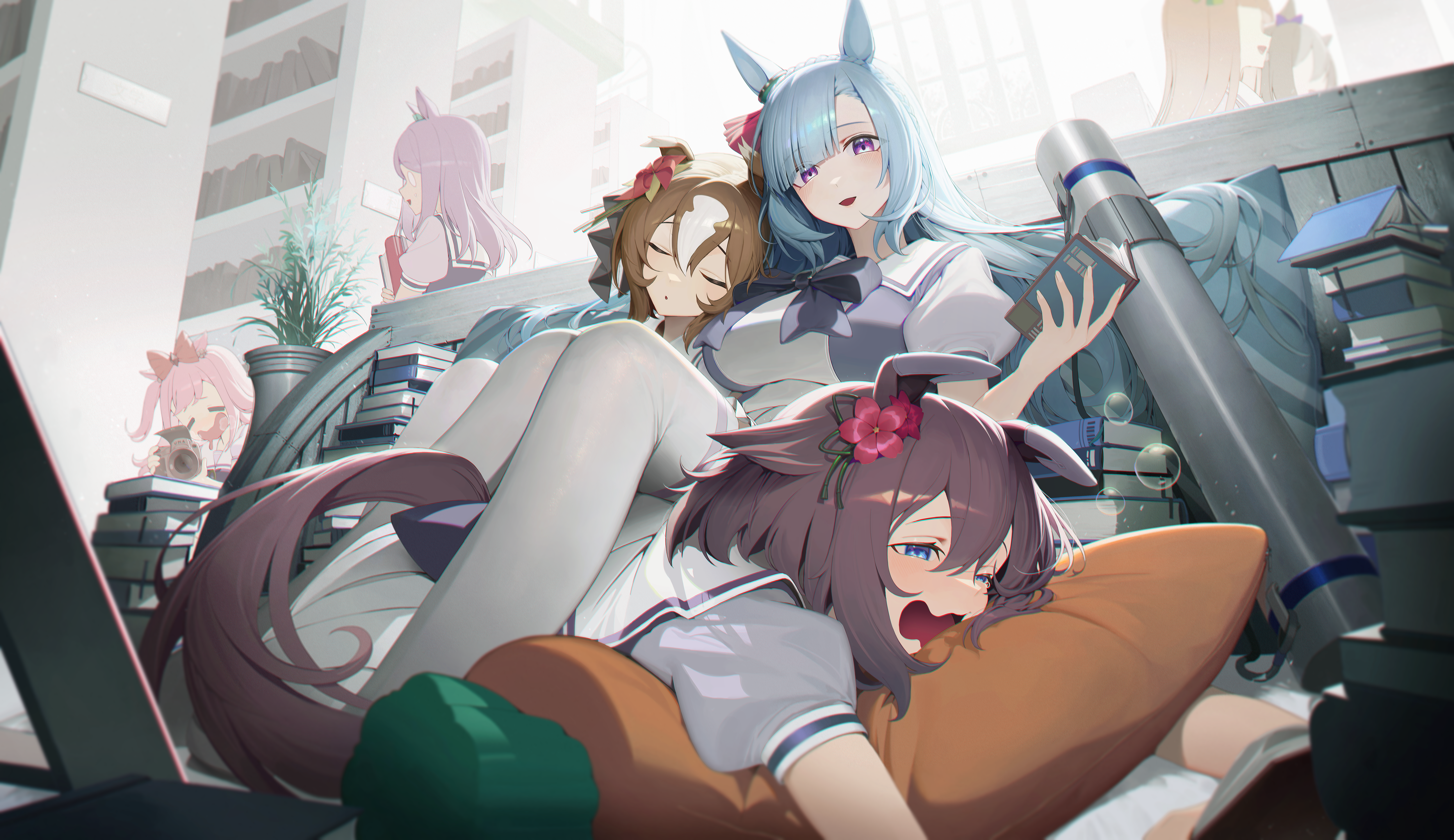 agnes_digital_(umamusume) animal_ears mejiro_ardan_(umamusume) mejiro_mcqueen_(umamusume) mincho sakura_chiyono_o_(umamusume) seifuku silence_suzuka_(umamusume) special_week_(umamusume) tail thighhighs uma_musume_pretty_derby yaeno_muteki_(umamusume)