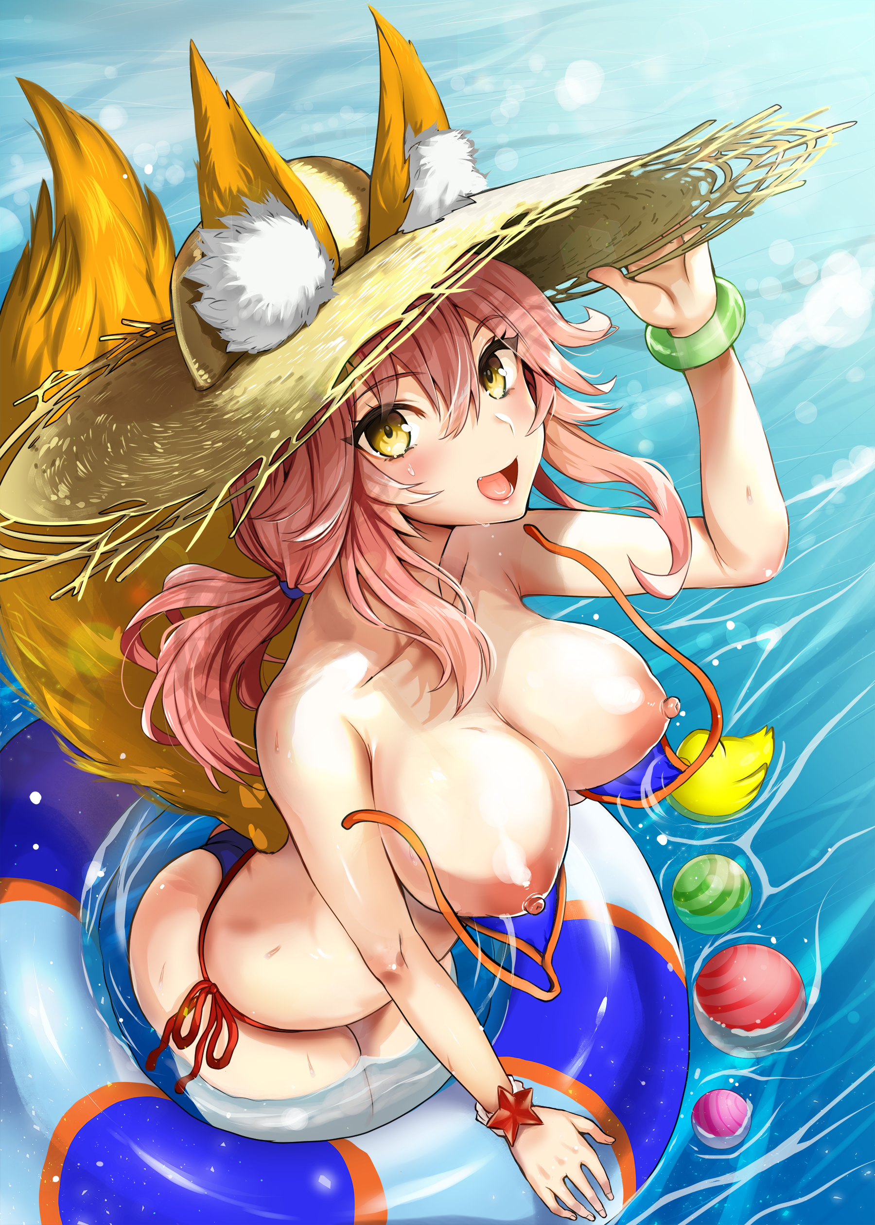 animal_ears bikini breasts fate/grand_order kitsune kojima_saya nipples swimsuits tail tamamo_no_mae wardrobe_malfunction wet