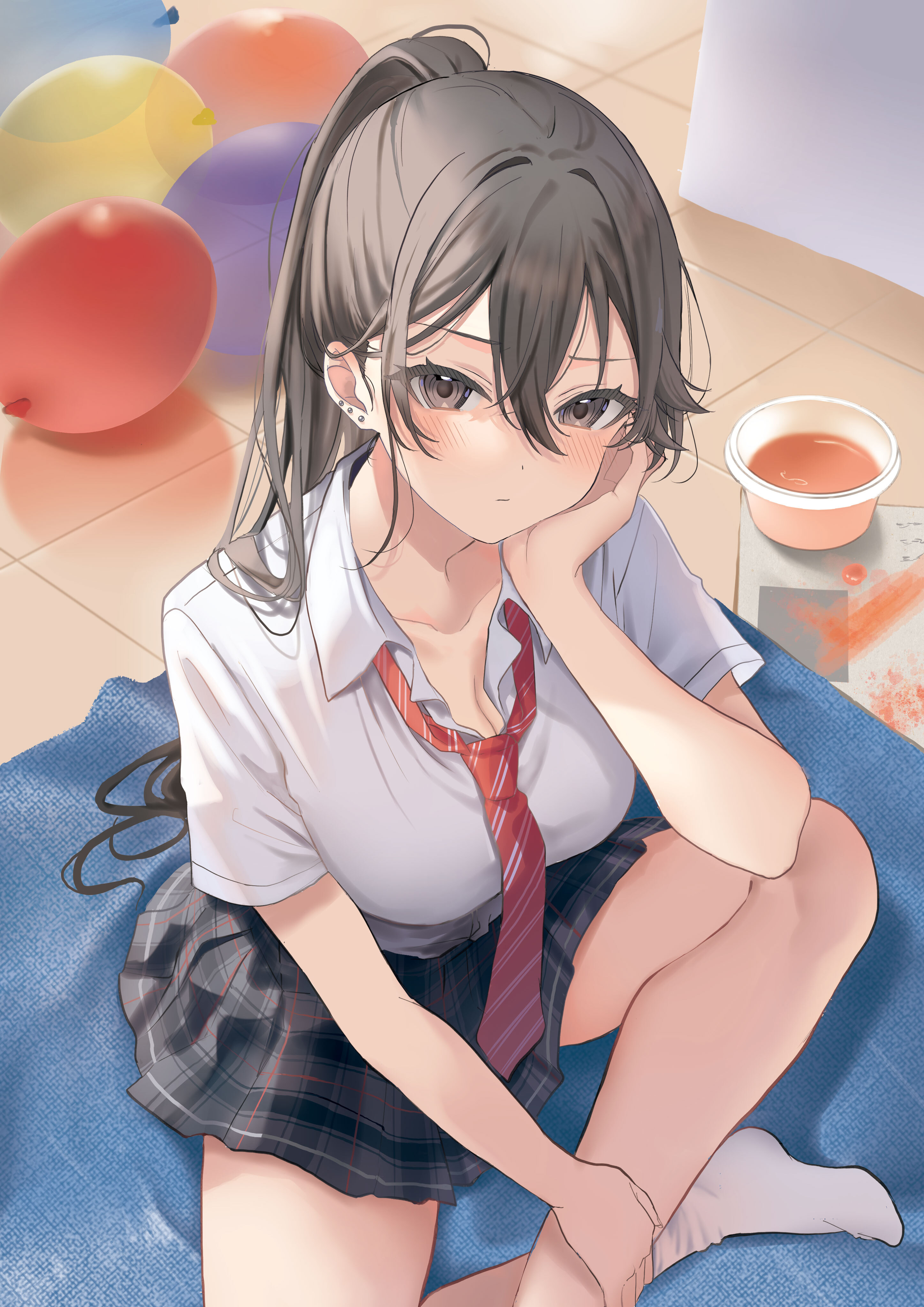 cleavage hamu open_shirt seifuku shimizu_kei tonari_no_seki_no_yankee_shimizu-san_ga_kami_wo_kuroku_sometekita