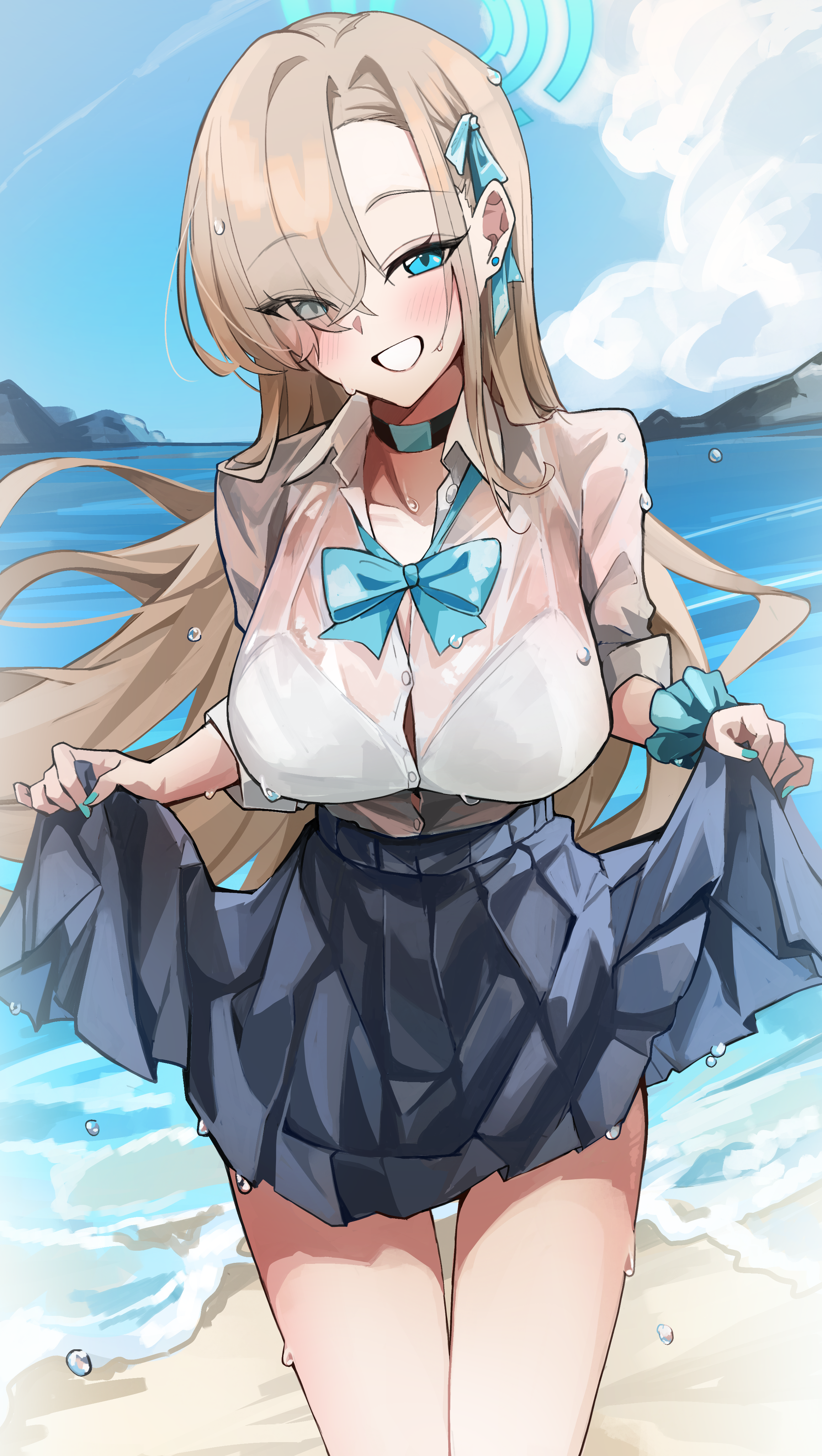 blue_archive bra halo ichinose_asuna iwahada see_through seifuku skirt_lift wet wet_clothes