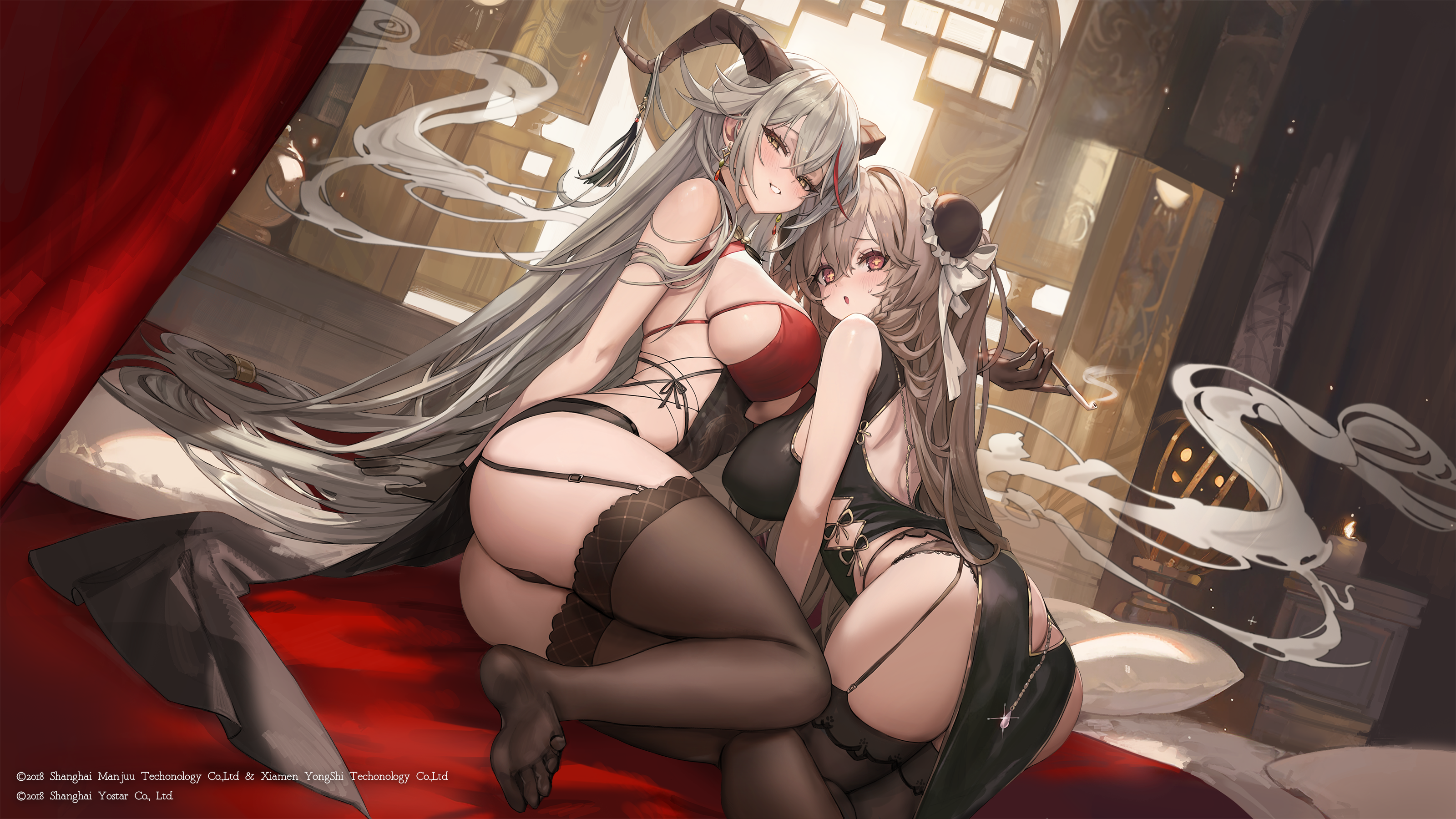 aegir_(azur_lane) anchorage_(azur_lane) ass azur_lane chinadress freng horns no_bra pantsu skirt_lift smoking stockings thighhighs thong