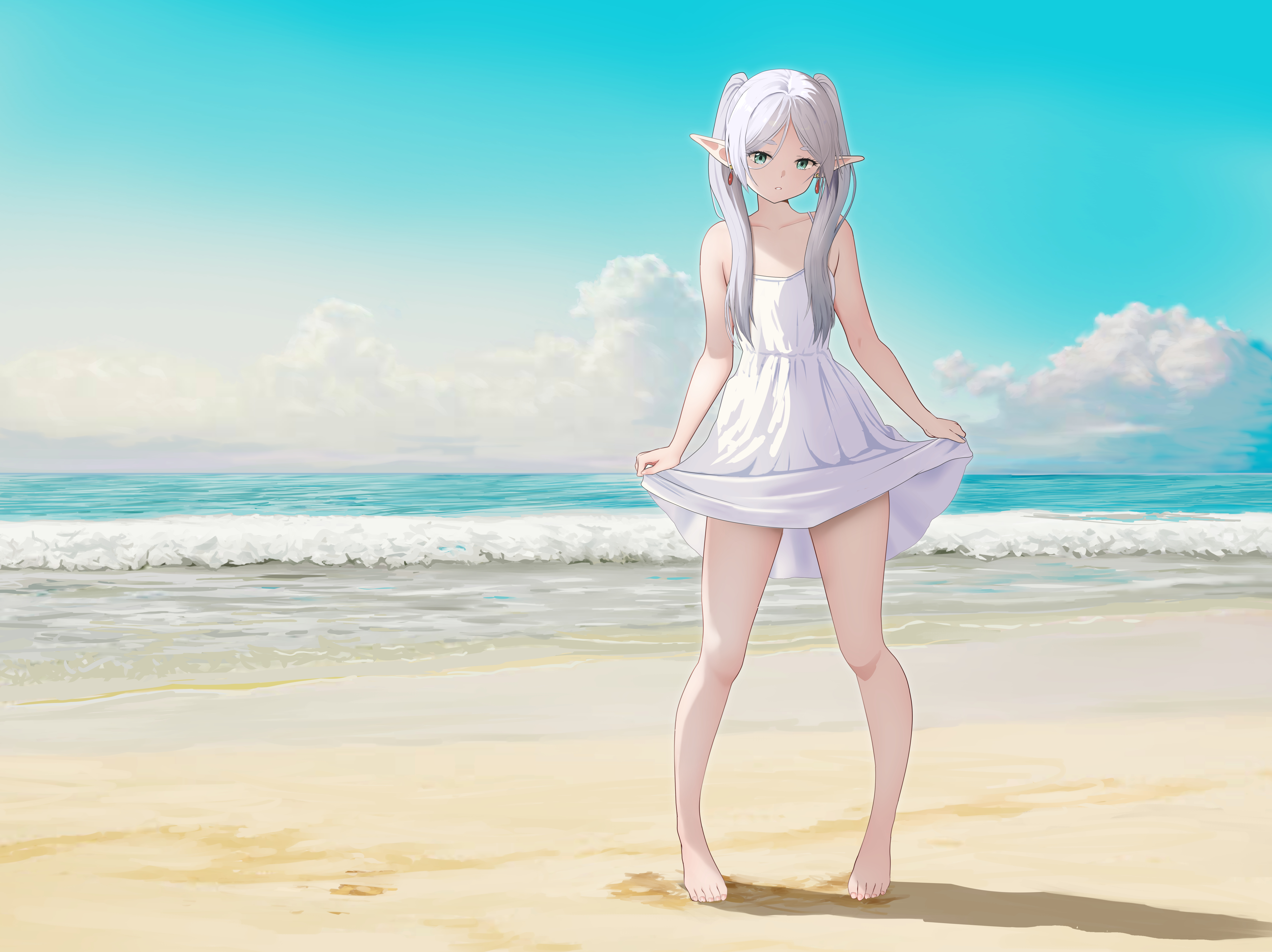 dress elf frieren gibun_(sozoshu) pointy_ears skirt_lift sousou_no_frieren summer_dress