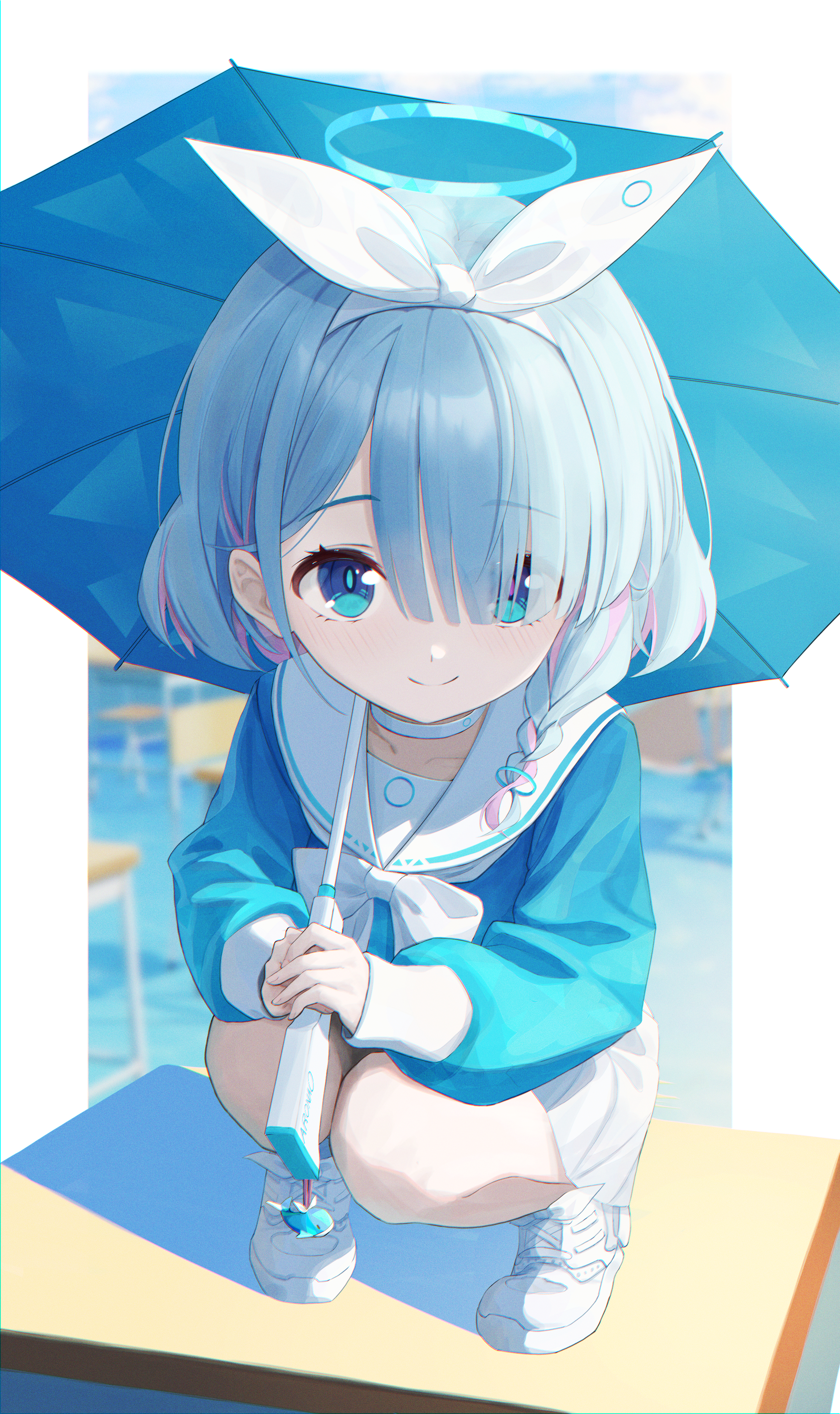 arona_(blue_archive) blue_archive gun halo seifuku tagme umbrella