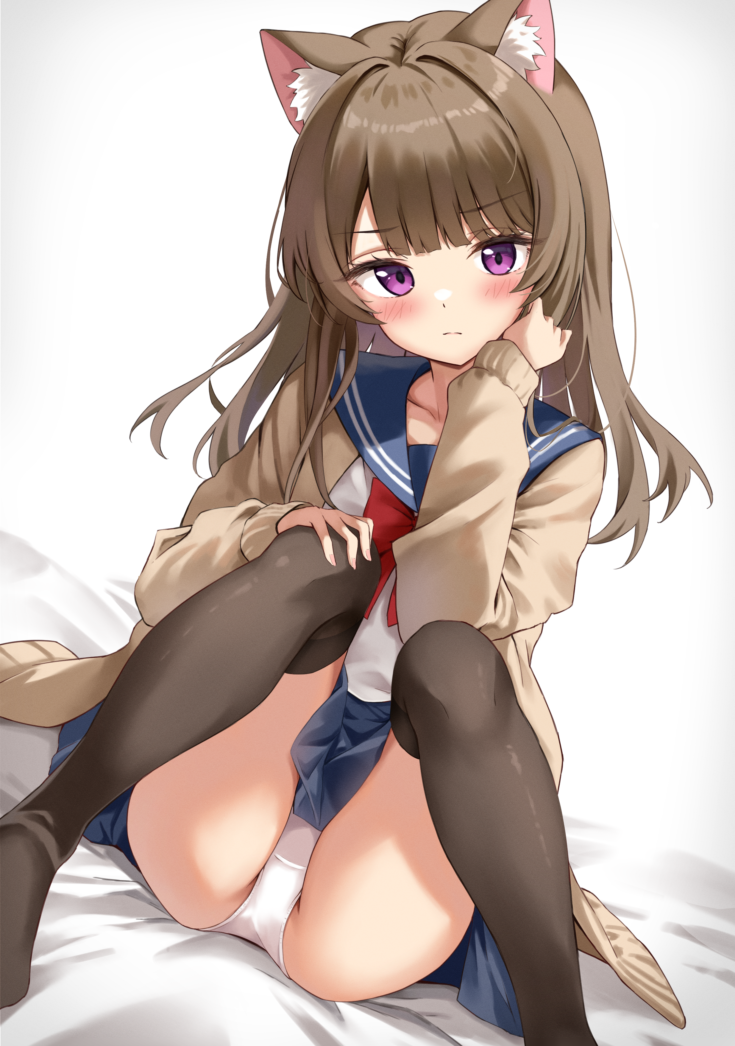 animal_ears loli nekomimi pantsu seifuku skirt_lift sweater thalia thighhighs