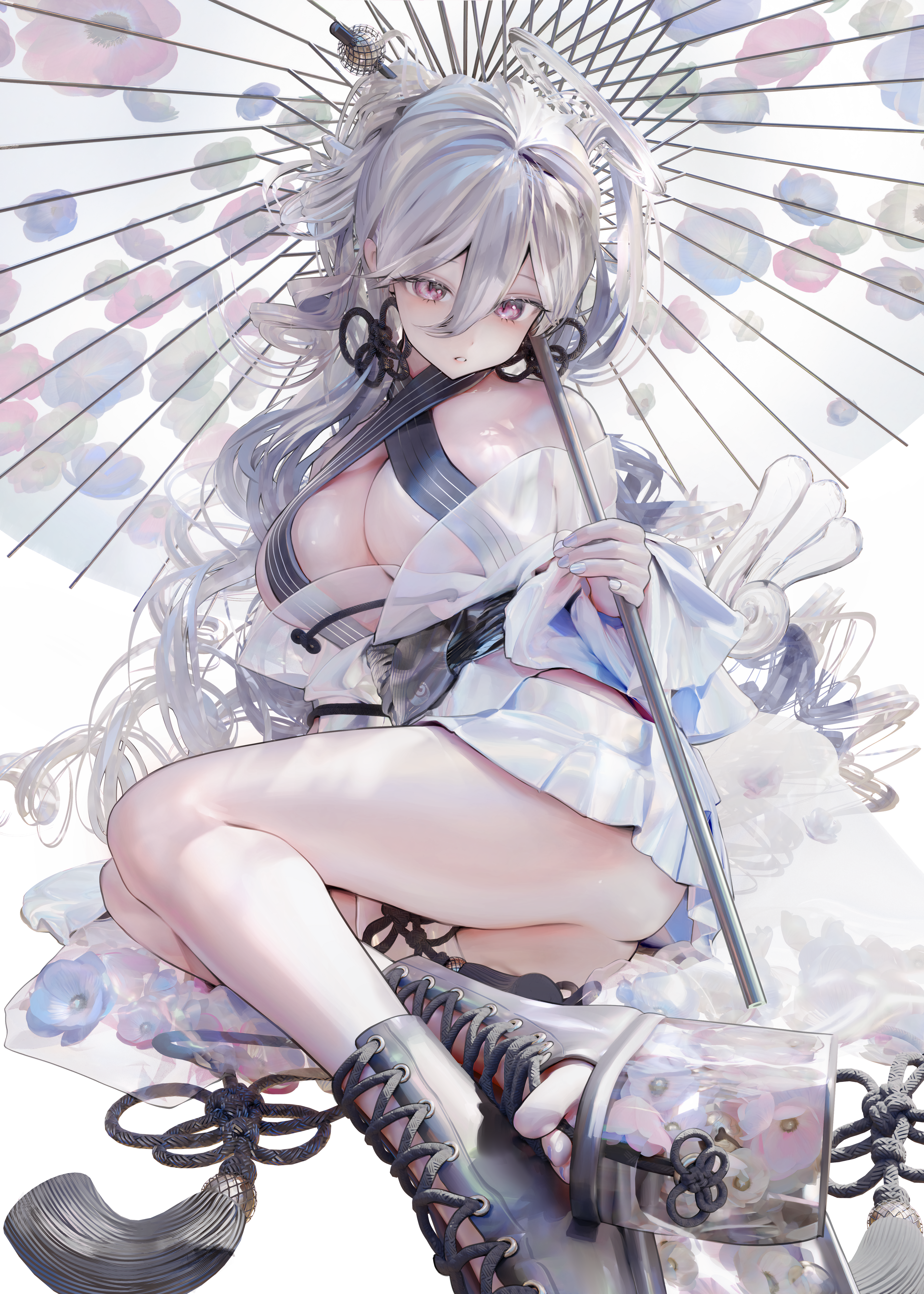 angel iijima_masashi japanese_clothes no_bra nopan see_through skirt_lift umbrella wings