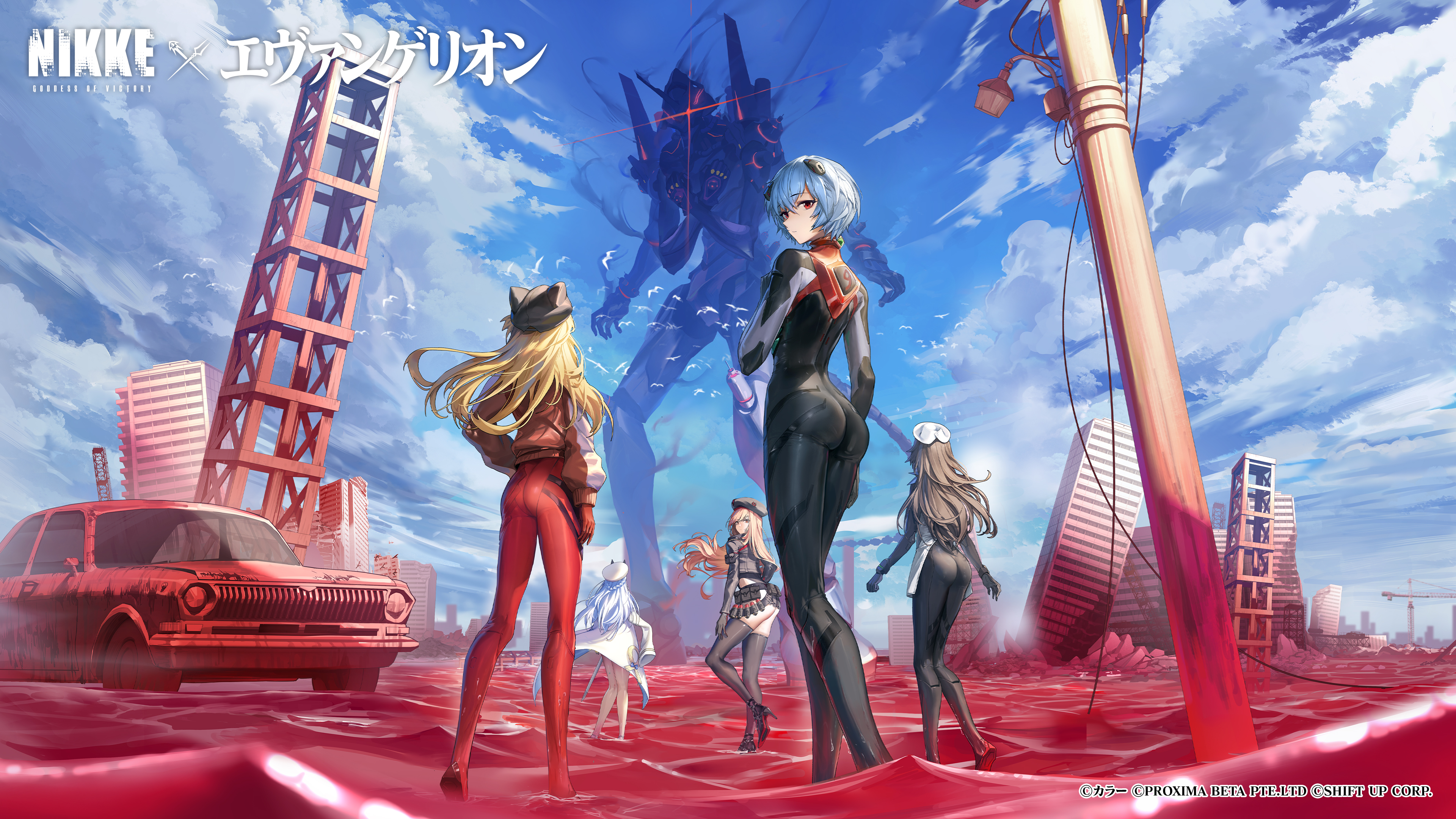 animal_ears ass ayanami_rei bodysuit crossover goddess_of_victory:_nikke heels helm mecha neon_genesis_evangelion rapi_(nikke) souryuu_asuka_langley suzuhara_sakura tagme thighhighs uniform wallpaper wet