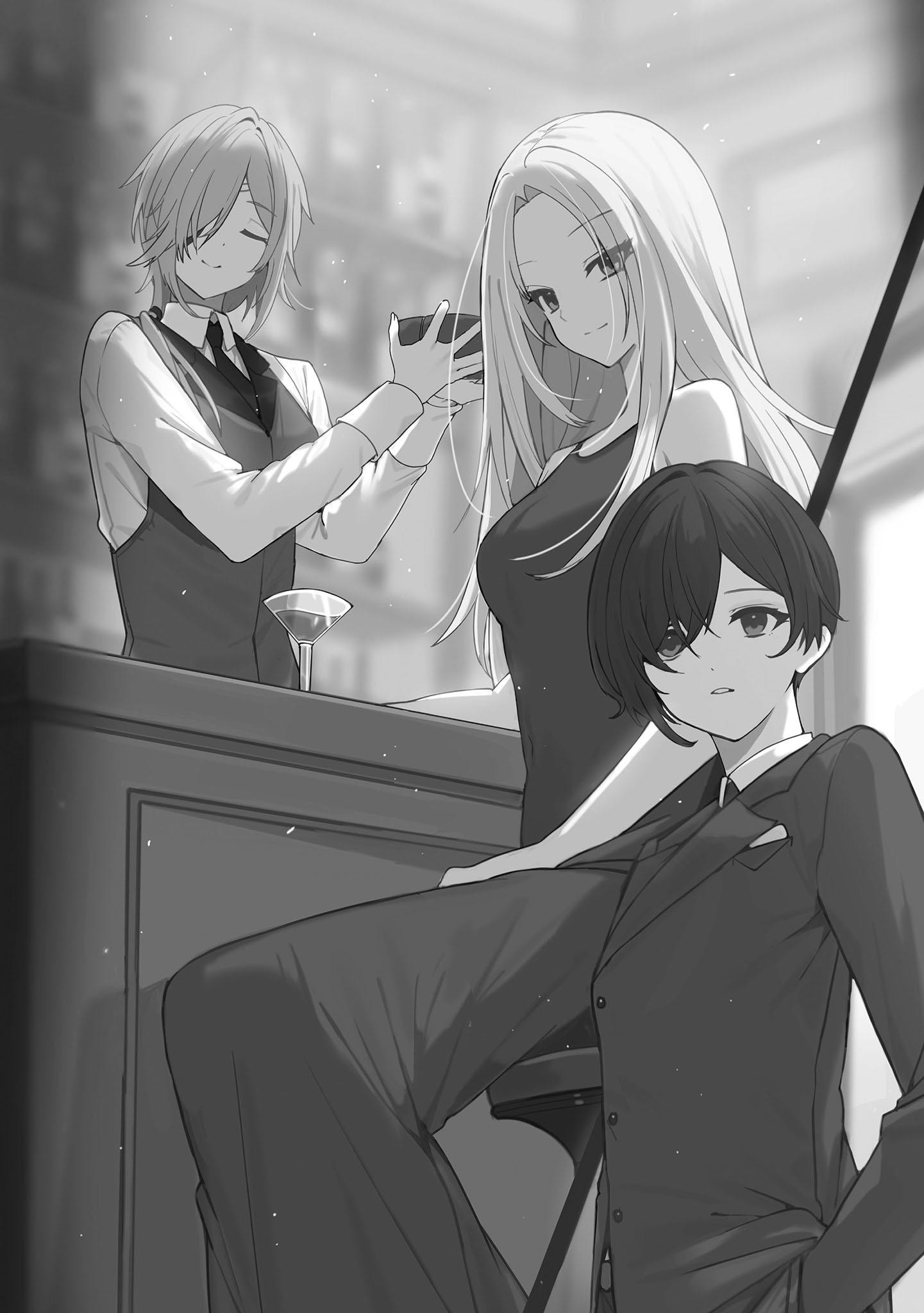 alpha_(kagejitsu) cid_kagenou dress eyepatch kage_no_jitsuryokusha_ni_naritakute! kai_(kagejitsu) monochrome touzai