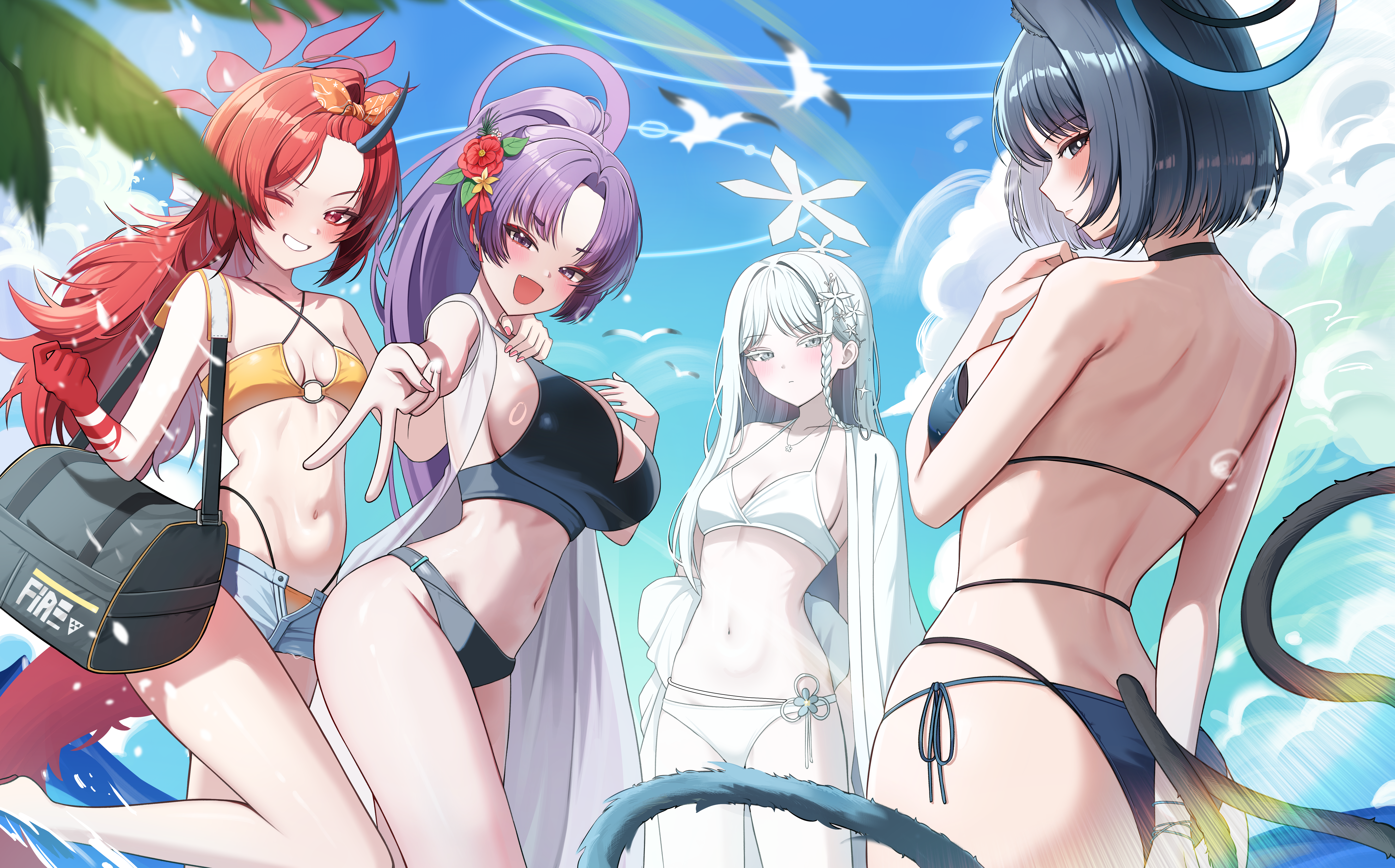 animal_ears bikini blue_archive fuwa_renge goryou_nagusa halo horns kadenokouji_yukari kiryuu_kikyou nekomimi suisen_(suisenhwa) swimsuits tail wet