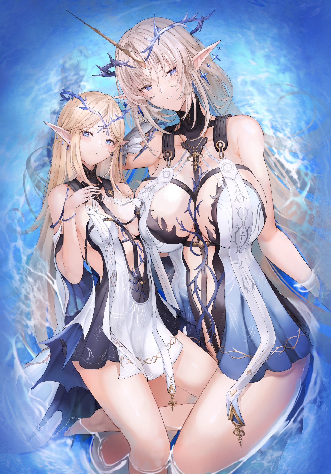 cartethyia dress fleurdelys horns no_bra pointy_ears symmetrical_docking tattoo wet wuthering_waves yusha_(m-gata)