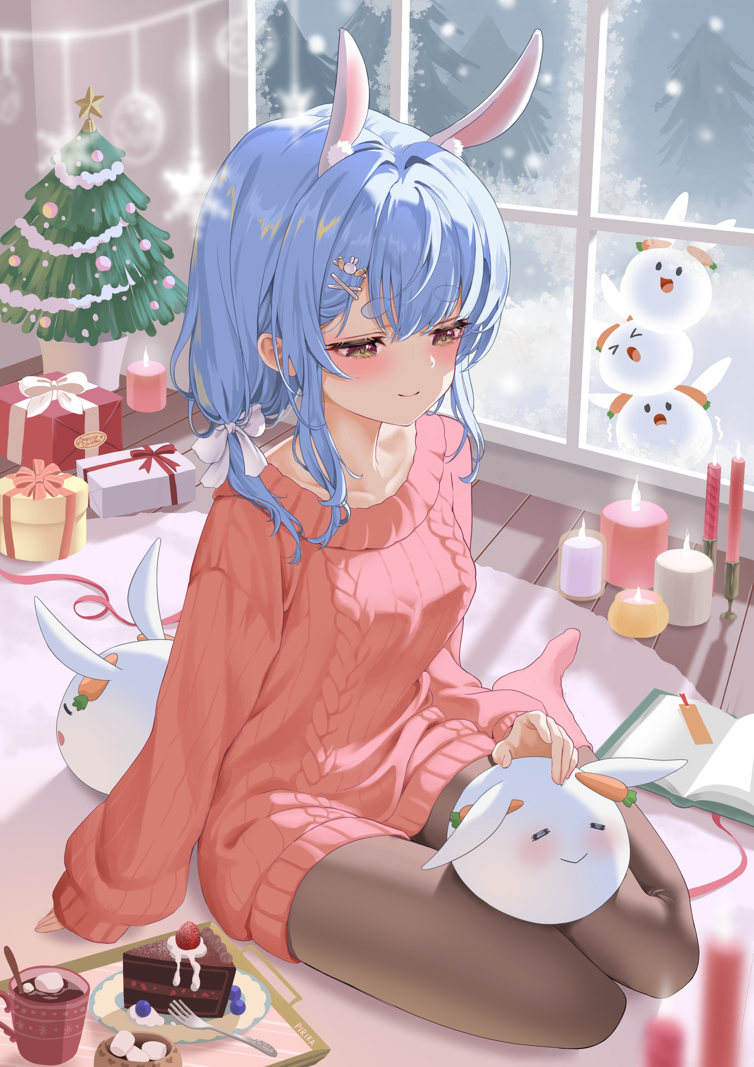 animal_ears bunny_ears christmas genjitsu_pirika hololive pantyhose sweater usada_pekora