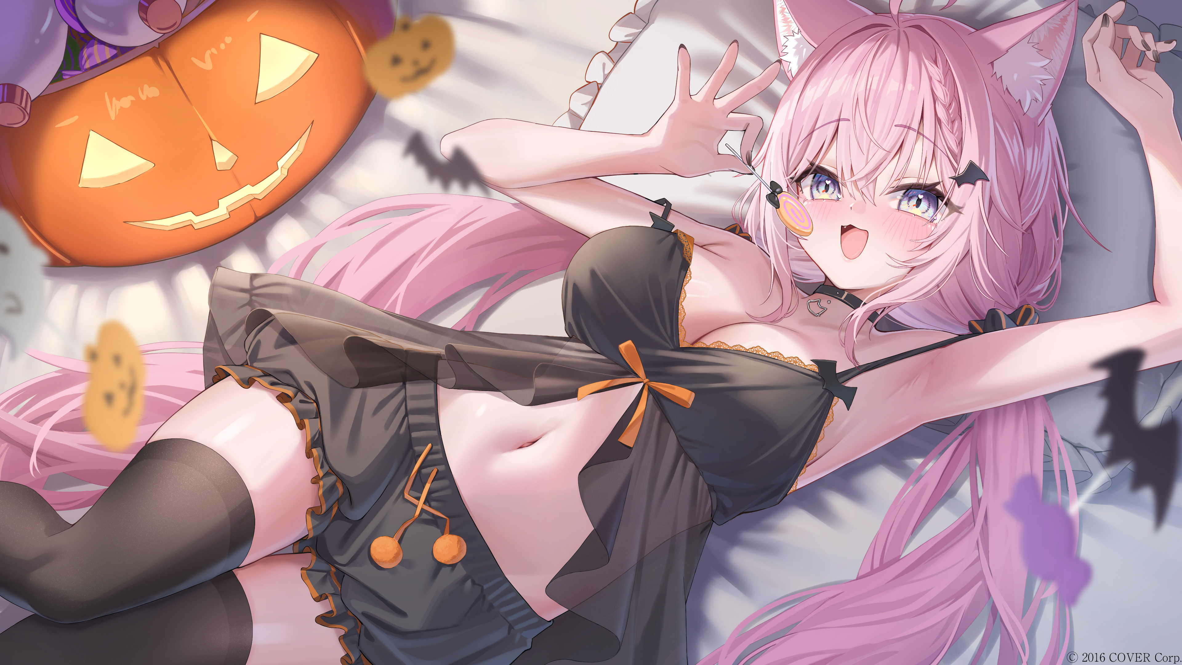 ai_(u_e_o_o) animal_ears bloomers hakui_koyori halloween hololive lingerie see_through tail thighhighs wallpaper
