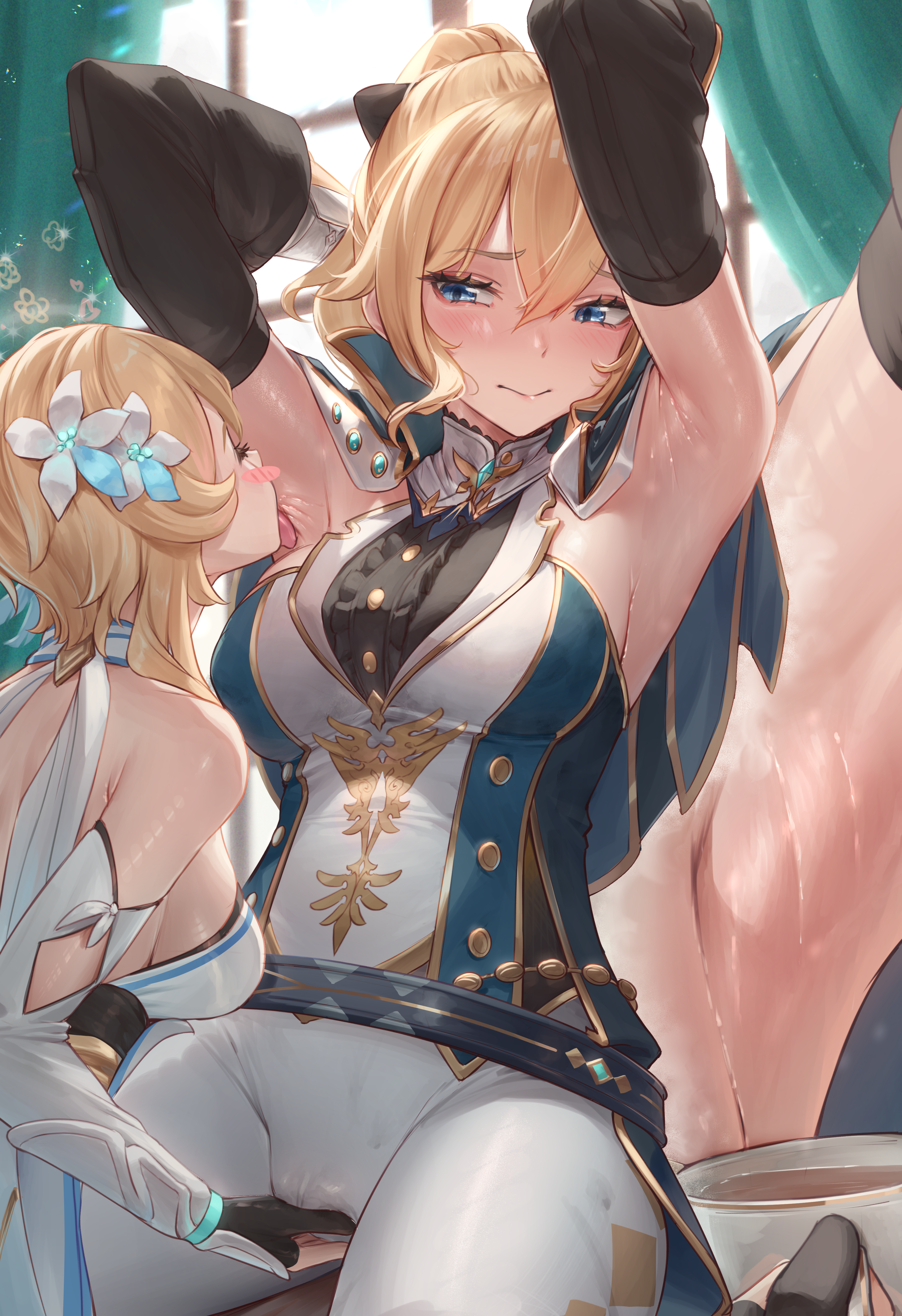cameltoe fingering genshin_impact jean_gunnhildr lumine no_bra padoruu yuri
