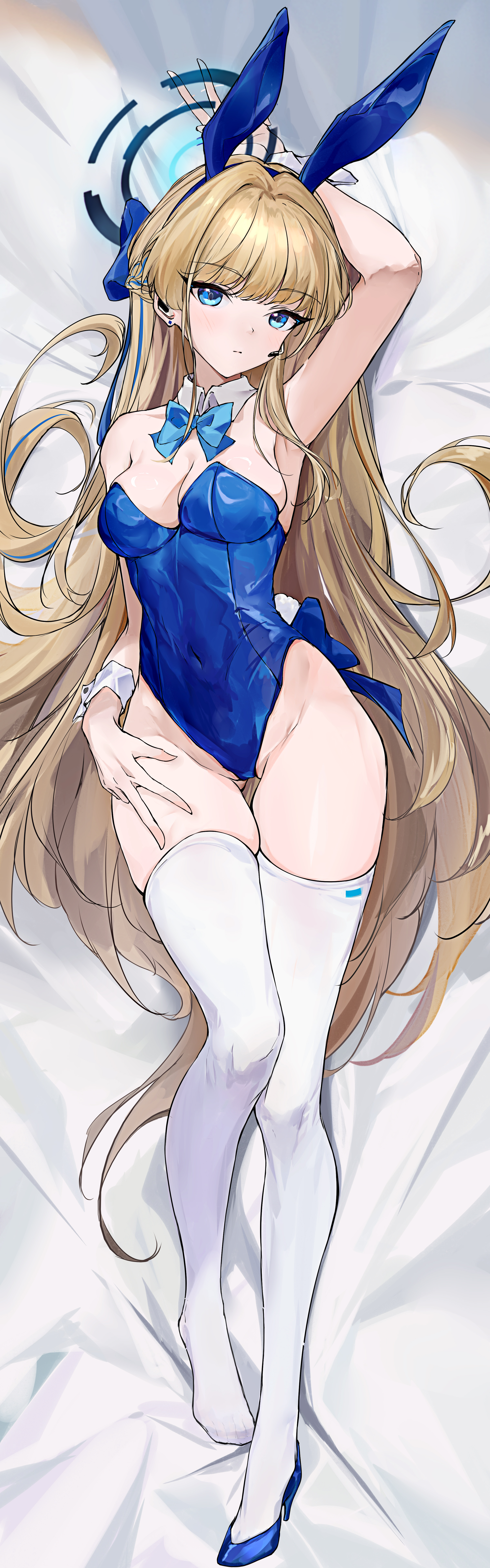 animal_ears asuma_toki blue_archive bunny_ears bunny_girl dakimakura halo heels hermityy no_bra tail thighhighs