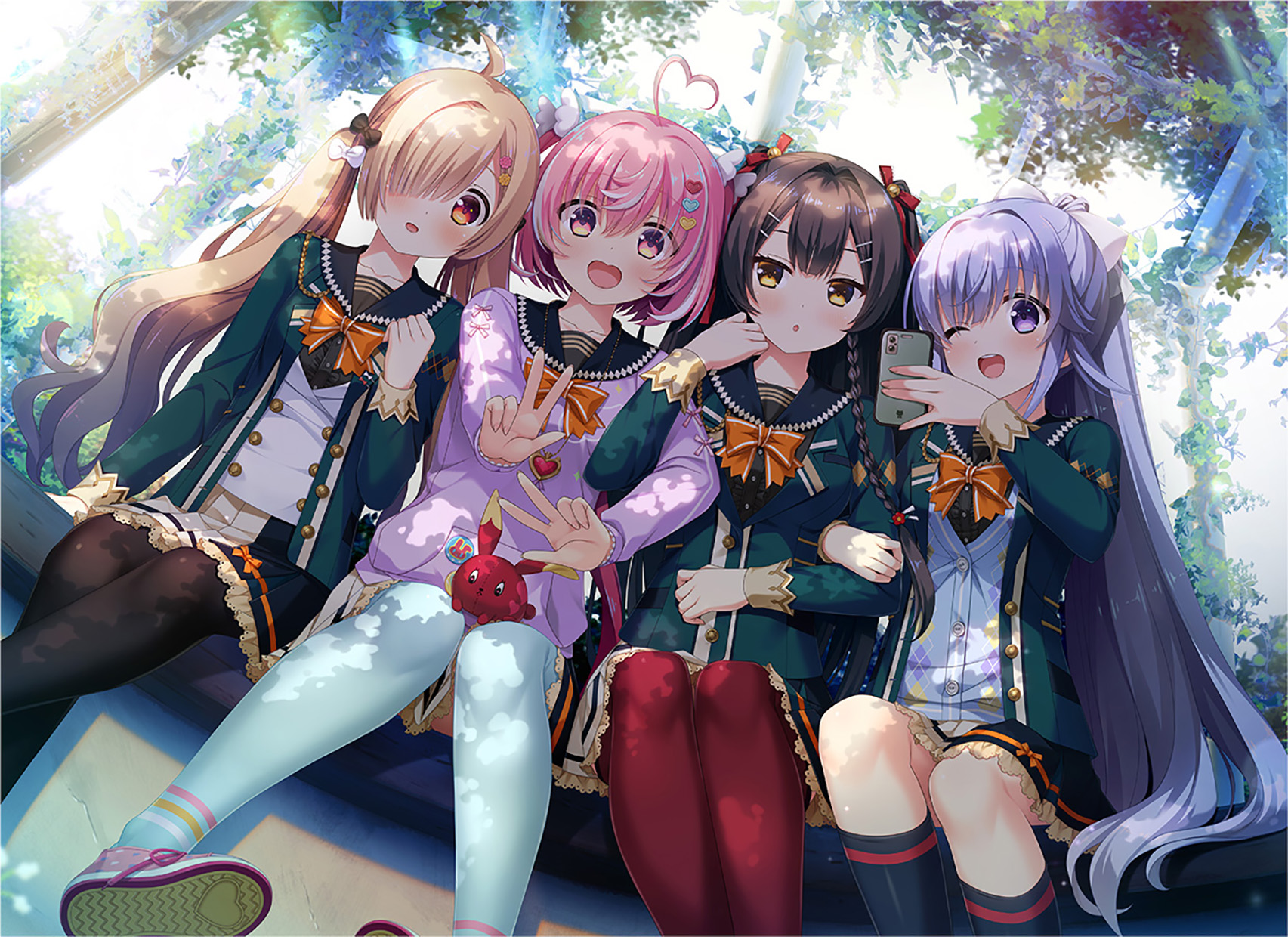 hulotte ikegami_akane inui_isuzu koimi_eil ore_no_cupid_ga_ponkotsu_sugite_kowa~i. pantyhose saijou_rinka sakuma_uta seifuku selfie skirt_lift sweater thighhighs