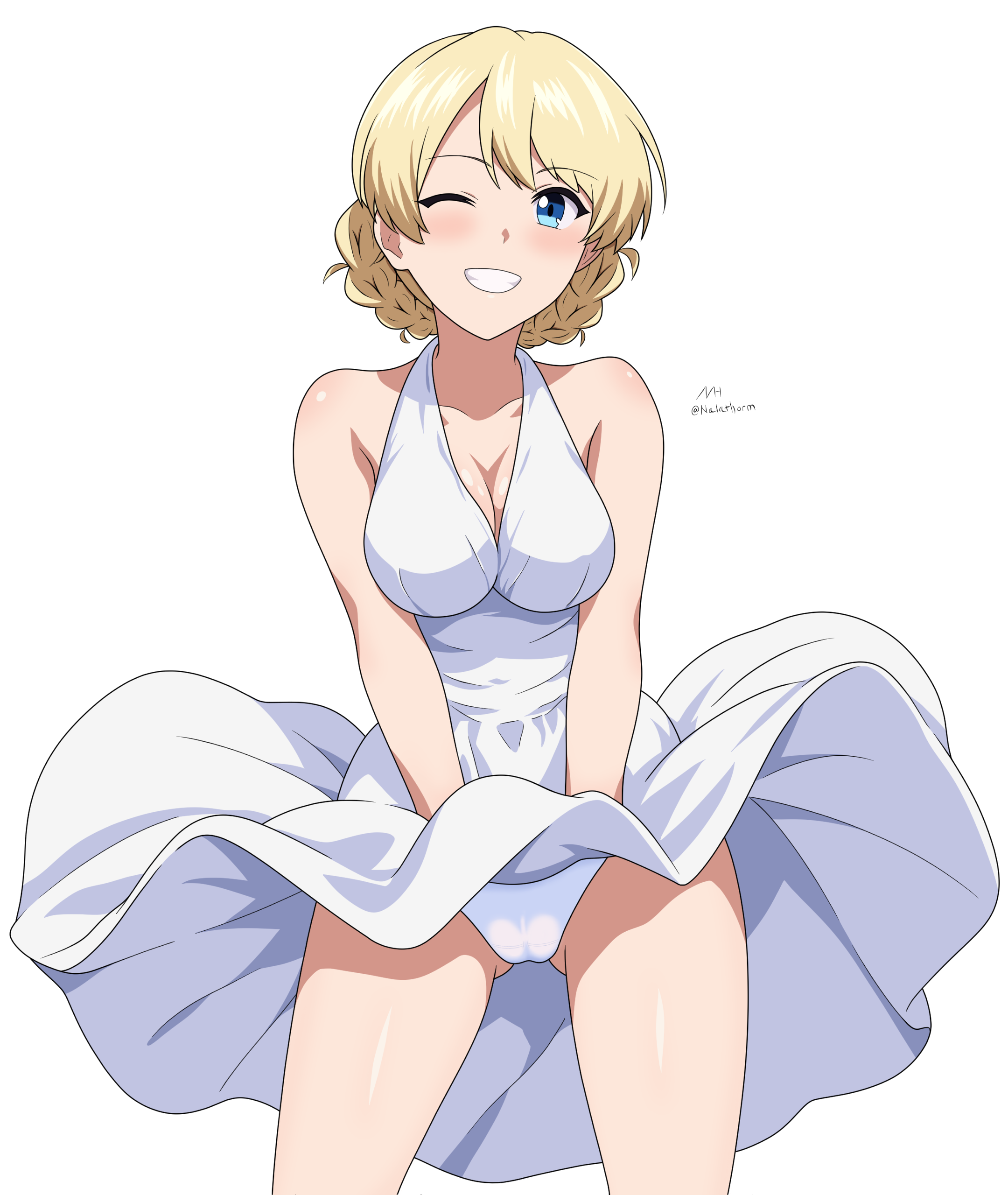 cameltoe cleavage cosplay darjeeling dress girls_und_panzer marilyn_monroe nalathorm pantsu skirt_lift summer_dress